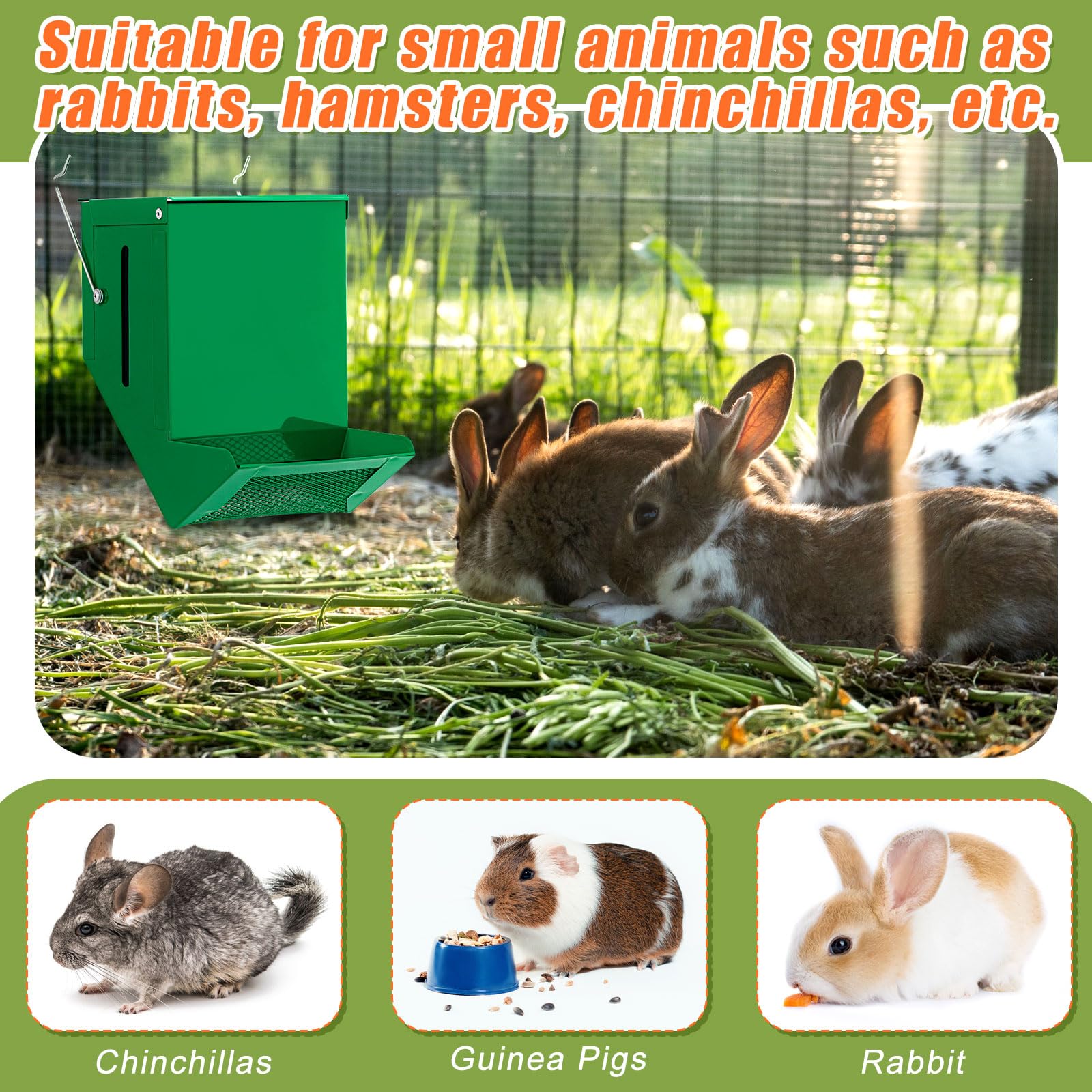 Maxcheck 2 mangiatoie per conigli per gabbie, dispenser di cibo per piccoli animali, con coperchio, in metallo, per grani di pollo, ostriche, conchiglie (11,9 cm, finestrella di visualizzazione, verde