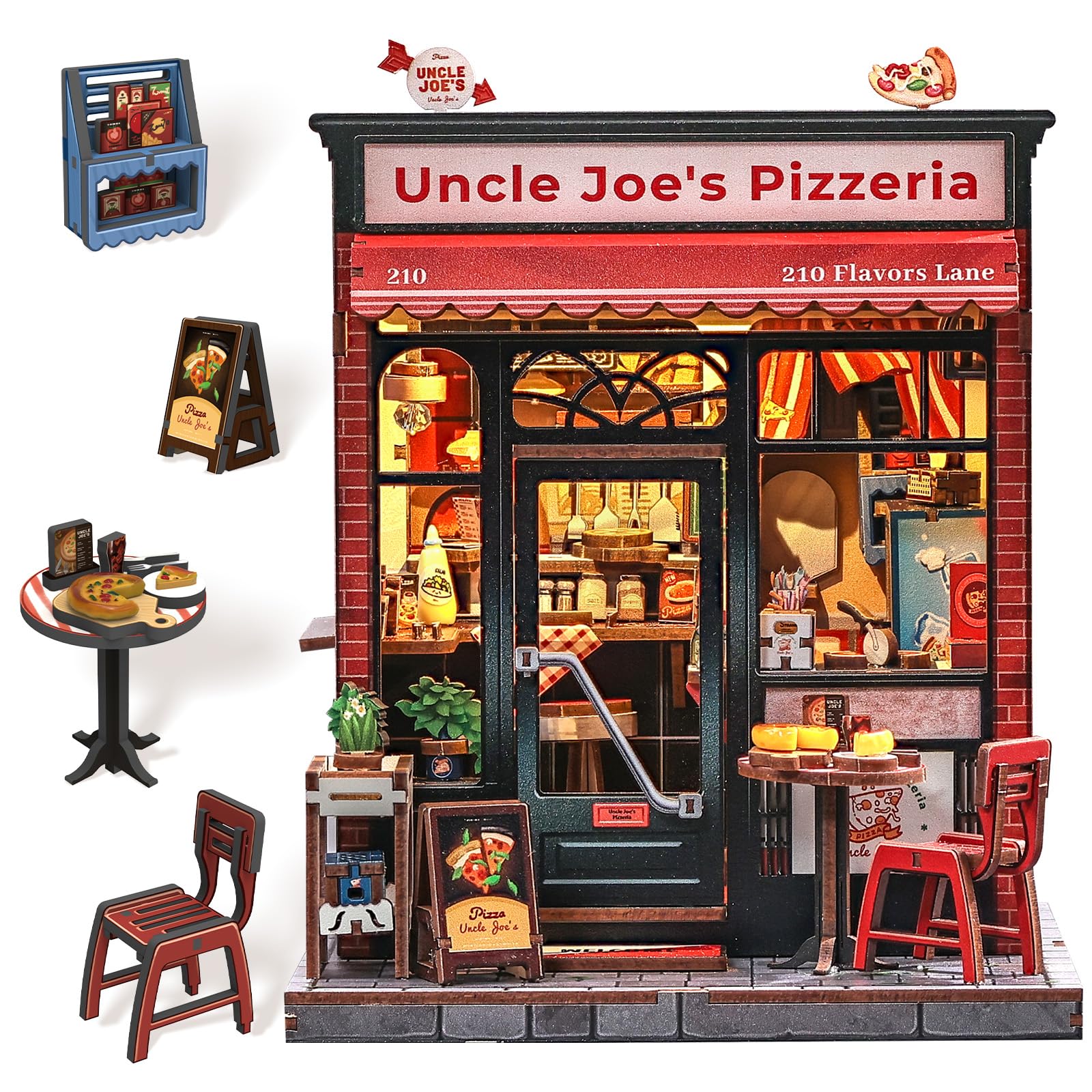 CUTEBEE Book Nook Kit - DIY Miniaturhaus Bausatz (Pizzeria-Szene) mit LED-Beleuchtung, Retro Bücherregal-Deko für Jugendliche & Erwachsene, Kreatives Geschenk (Uncle Joe's Pizzeria)