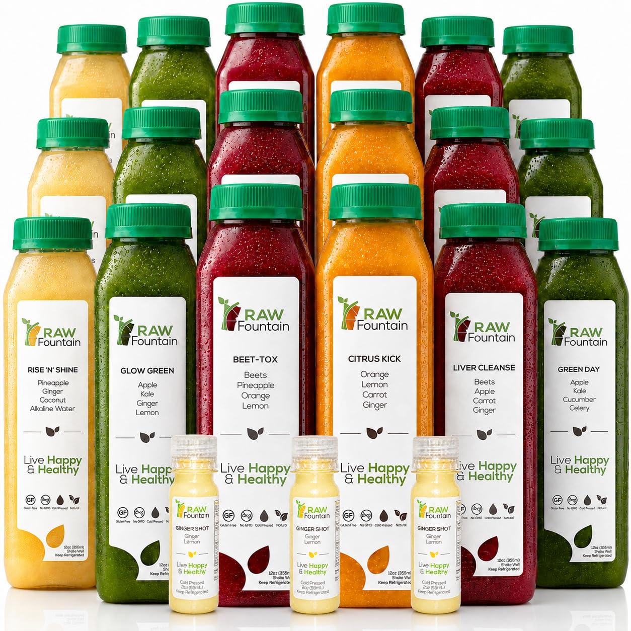 RAW Fountain Juice Cleanse 3 Day - Cold Pressed Juice Detox - 18 Bottles | Original Cleanse w/ 3 Ginger Shots | All Natural Ingredients | Gluten Free | NO Added Sugar | Vegan | Kosher | 12oz