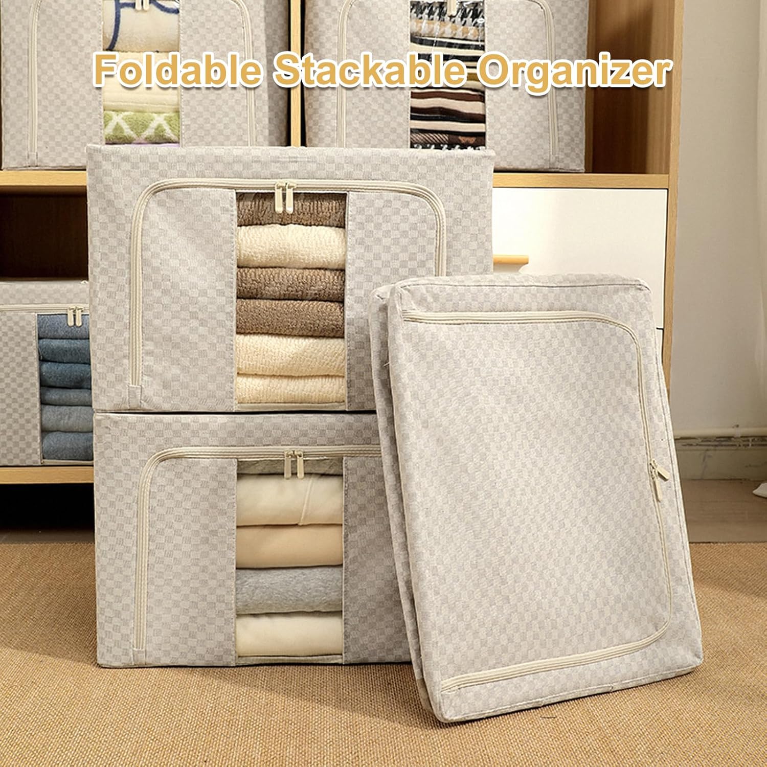 3 Pack Clothes Storage Bins with Metal Frame,Foldable Storage Bin with Lid for Clothes,Stackable Cotton Linen Fabric Organizer Set with Carrying Handles and Clear Window(Grey Checkered, 66L)
