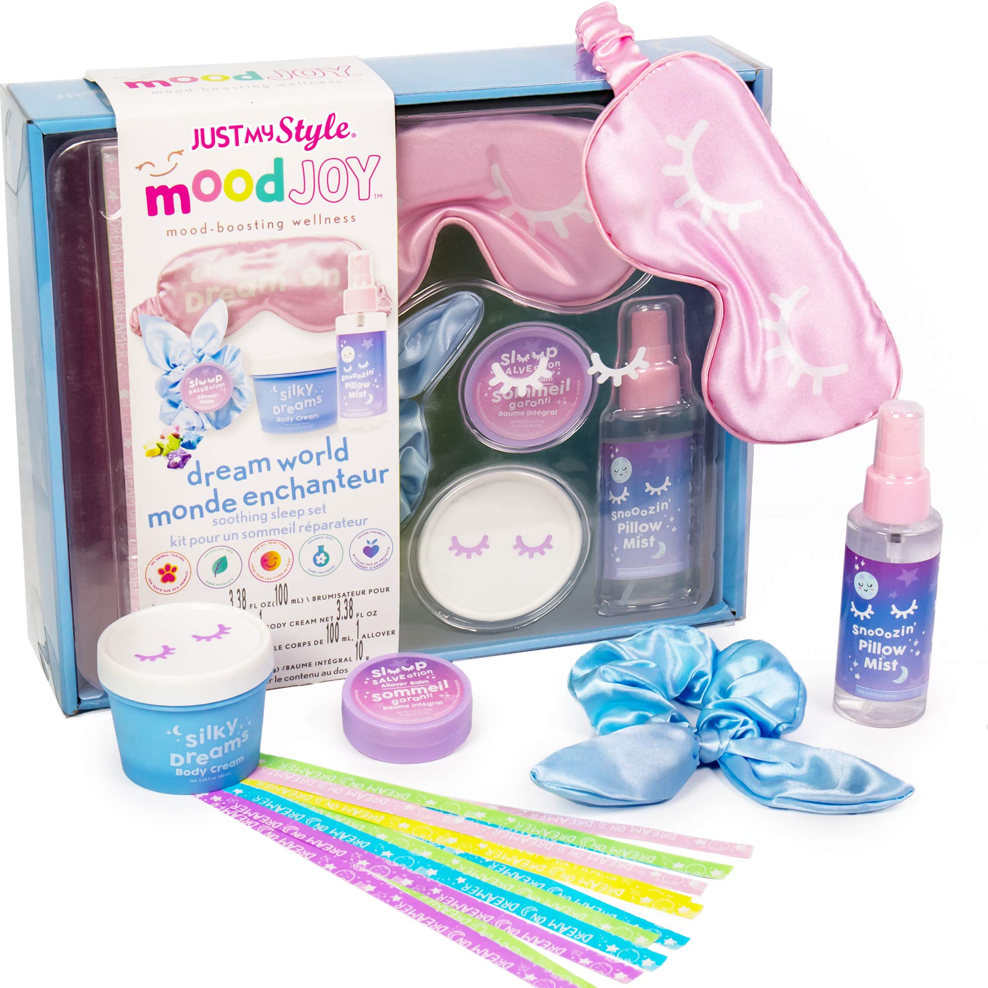 Just My Style Dream World Bedtime Ritual Set by Horizon Group USA, Soothing Sleep Set, Silk Eye Mask, Silk Scrunchie, Pillow Mist, Body Cream, Lavender Salve & Origami Stars