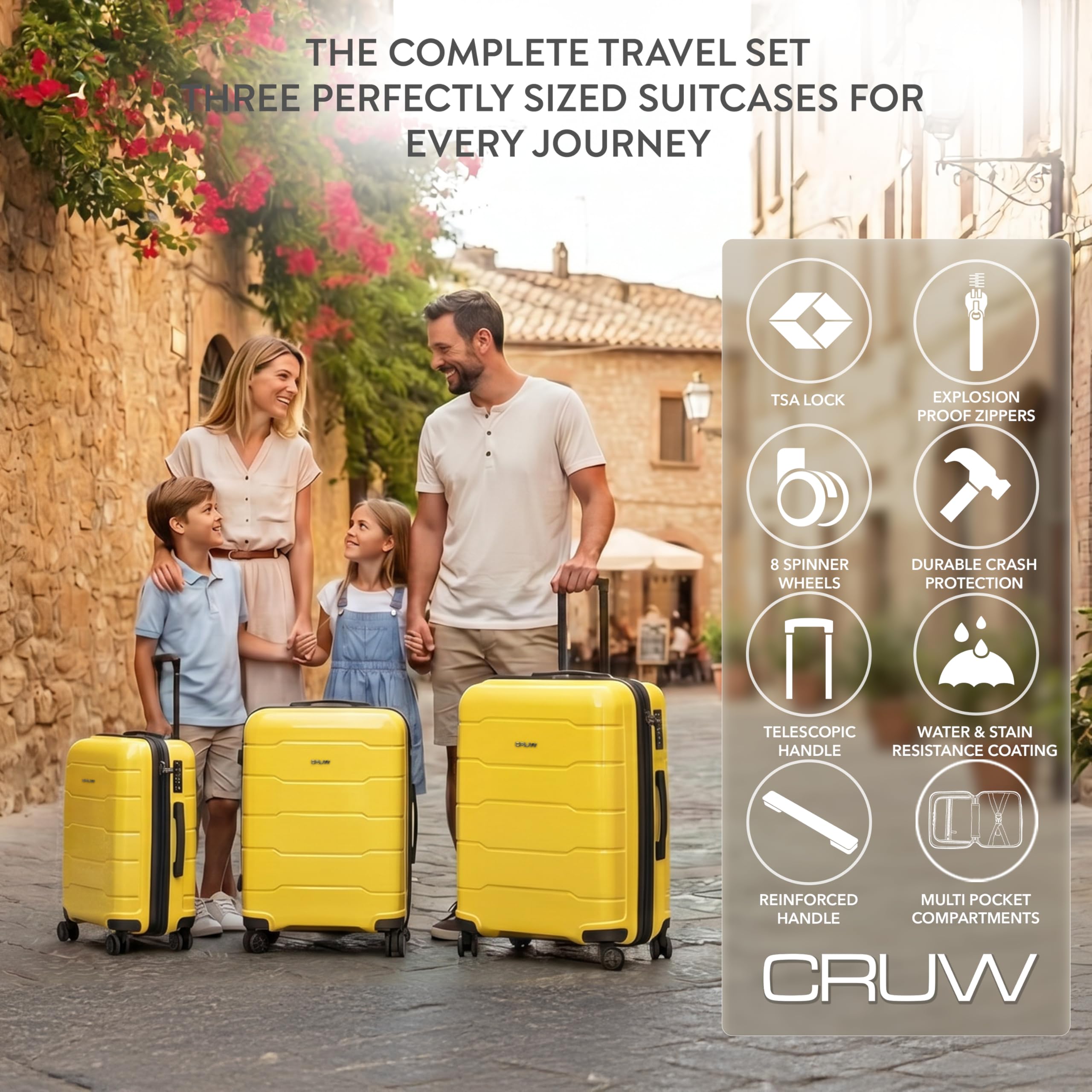 CRUW 3-Piece Luggage Set Expandable Polypropylene Suitcase Set TSA Locks 8 Silent Spinner Wheels Lightweight Nested Suitcases Travel Set easyJet British Airways Jet2 Airline-Approved Carry-On Yellow