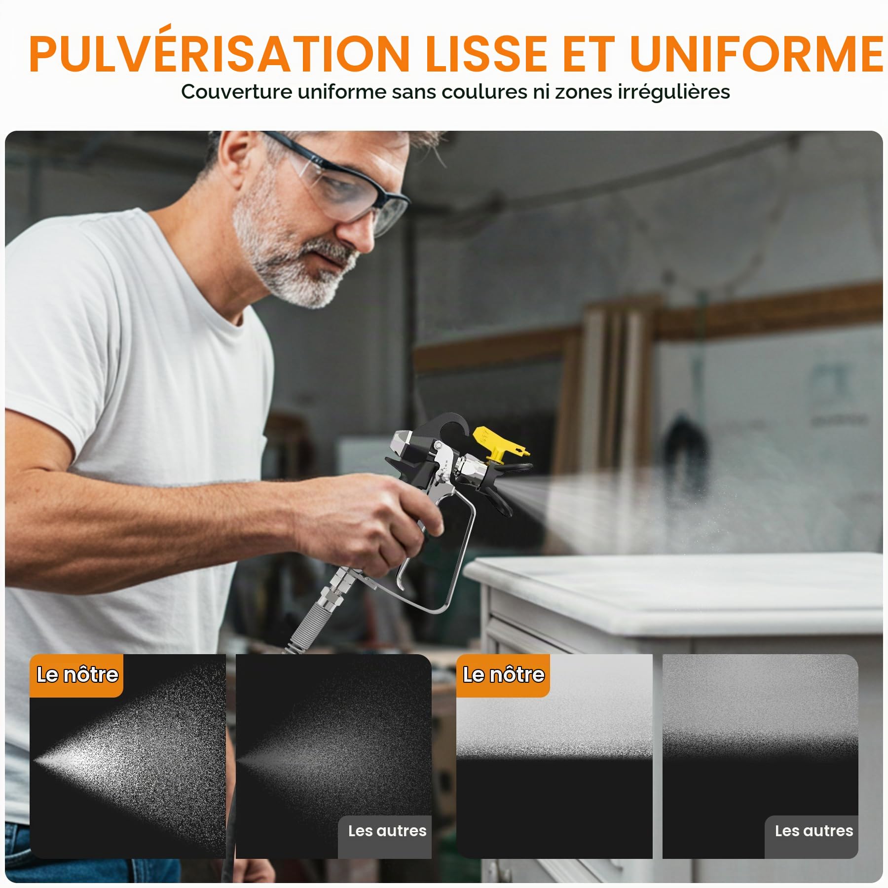 Maxxt Pistolet Peinture Airless Haute Puissance 1300W, 220-240V~50Hz, Pression Max 3000PSI/20.7MPa, Débit 1,44L/min, Tuyau 7,5m, Buse 517, Manomètre & Accessoires Complets pour Maison et Professionnel