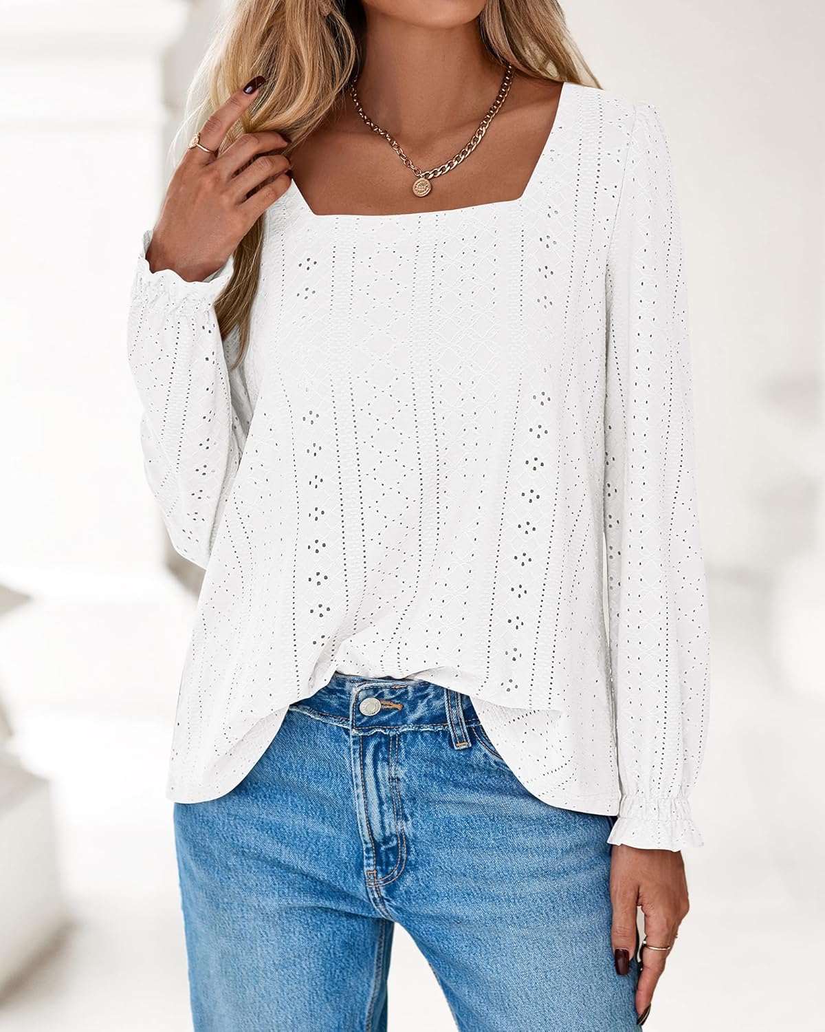 Okiwam Womens Long Sleeve Shirts Fall 2026 Square Neck Dressy Casual Blouses Eyelet Tunic Tops Fashion Outfits Clothes - Image 8