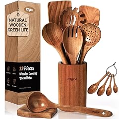 Wooden Spoons for Cooking, Nonstick Kitchen Utensils Set with 4 Piece Measuring Spoons, Comfort Grip Wooden Spatula Set, 9 Piece Teak Wooden Cooking Utensils with Holder and Spoon Rest