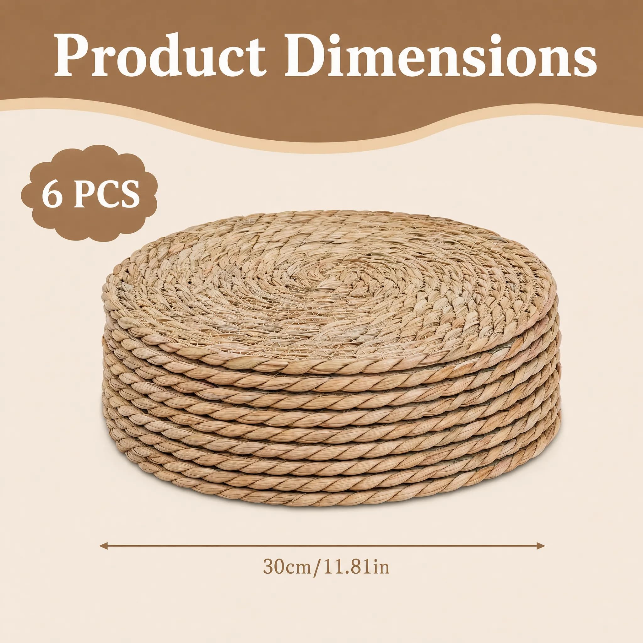 Set di 6 tovagliette rotonde in giacinto d'acqua intrecciato a mano, 30 cm, tovagliette in vimini naturale per tavolo da pranzo, cucina, matrimoni e fattoria, decorazione per la casa