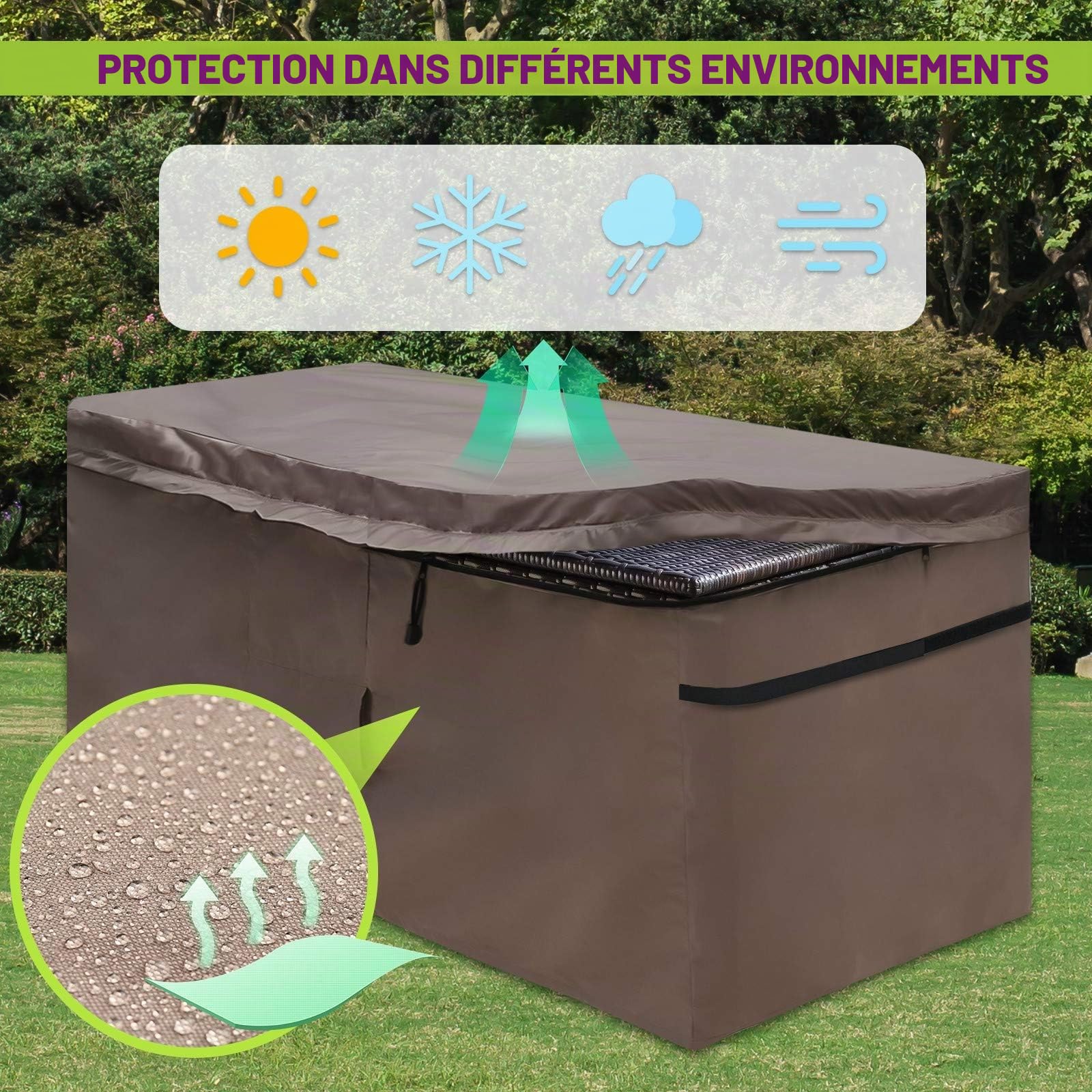 Housse Imperméable pour Coffre de Rangement en Jardin, Couverture pour Boîte de Terrasse avec Couvercle à Zip et Ventilation, Oxford 420D Brun (157 x 76 x 69 cm)