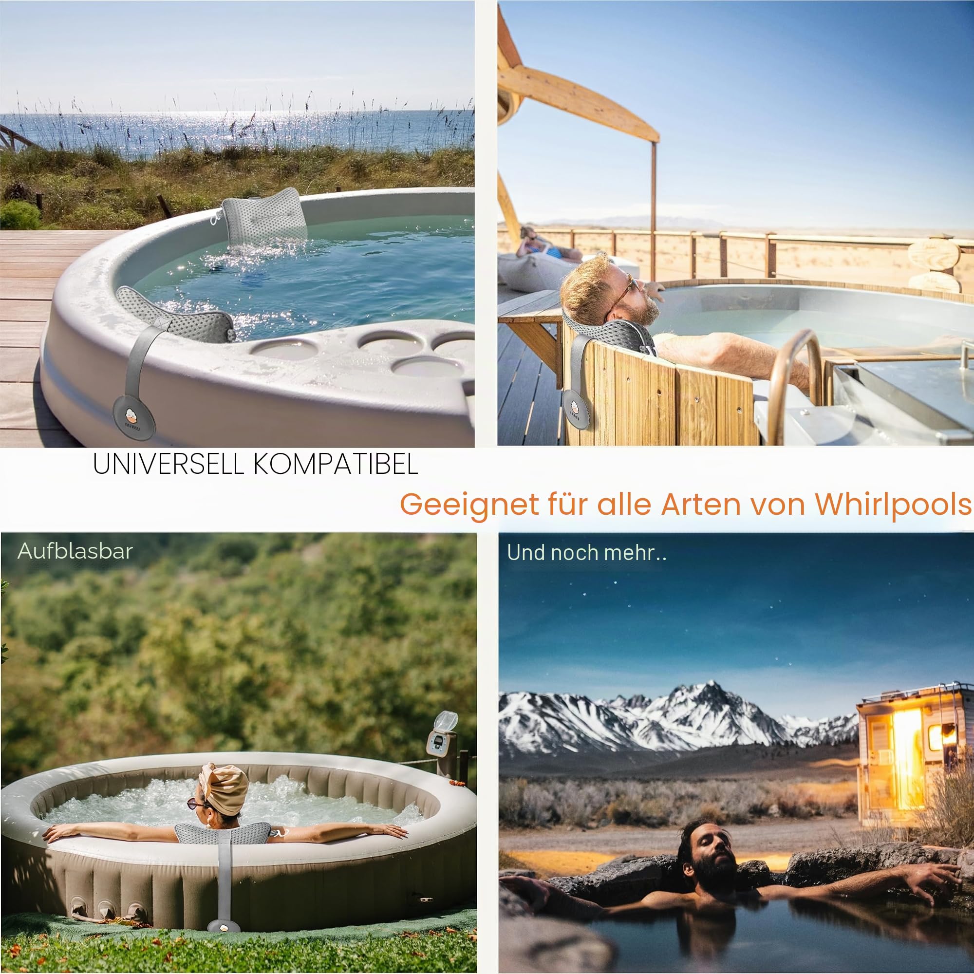 Großes Kissen für Whirlpool (grau), Spa und Chaiselongue – Universal-Kopfstütze und Nackenstützkissen, höhenverstellbar mit langem Gurt, einfaches Trocknen mit Haken, 2 Stück