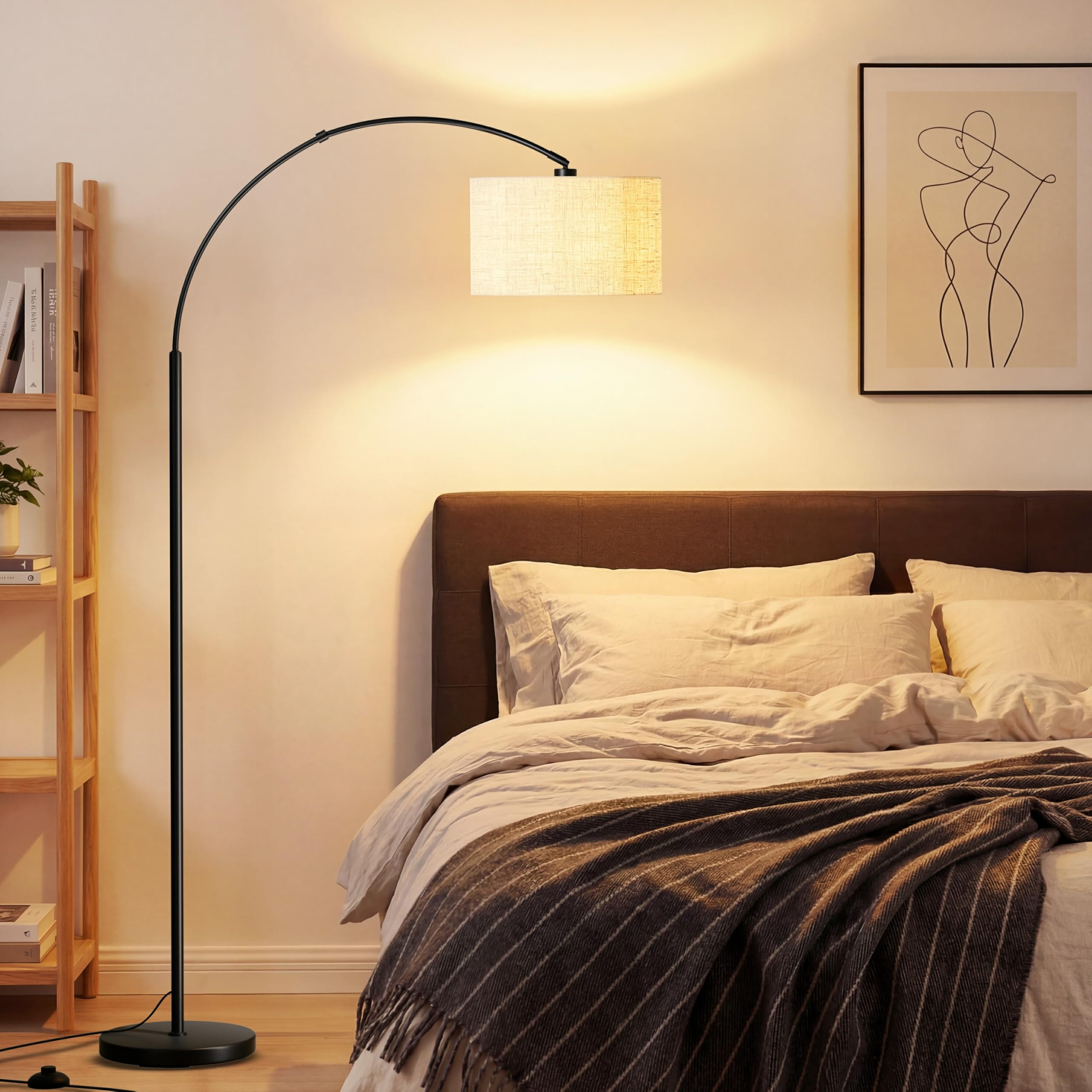 Moderne Bogen-Stehlampe für Wohnzimmer, 3-stufige Farbtemperatur (3000K/4500K/6000K) per Fußschalter, 180 cm höhenverstellbare Bogen-Leselampe mit E27 LED-Lampe für Schlafzimmer, Büro, Beige