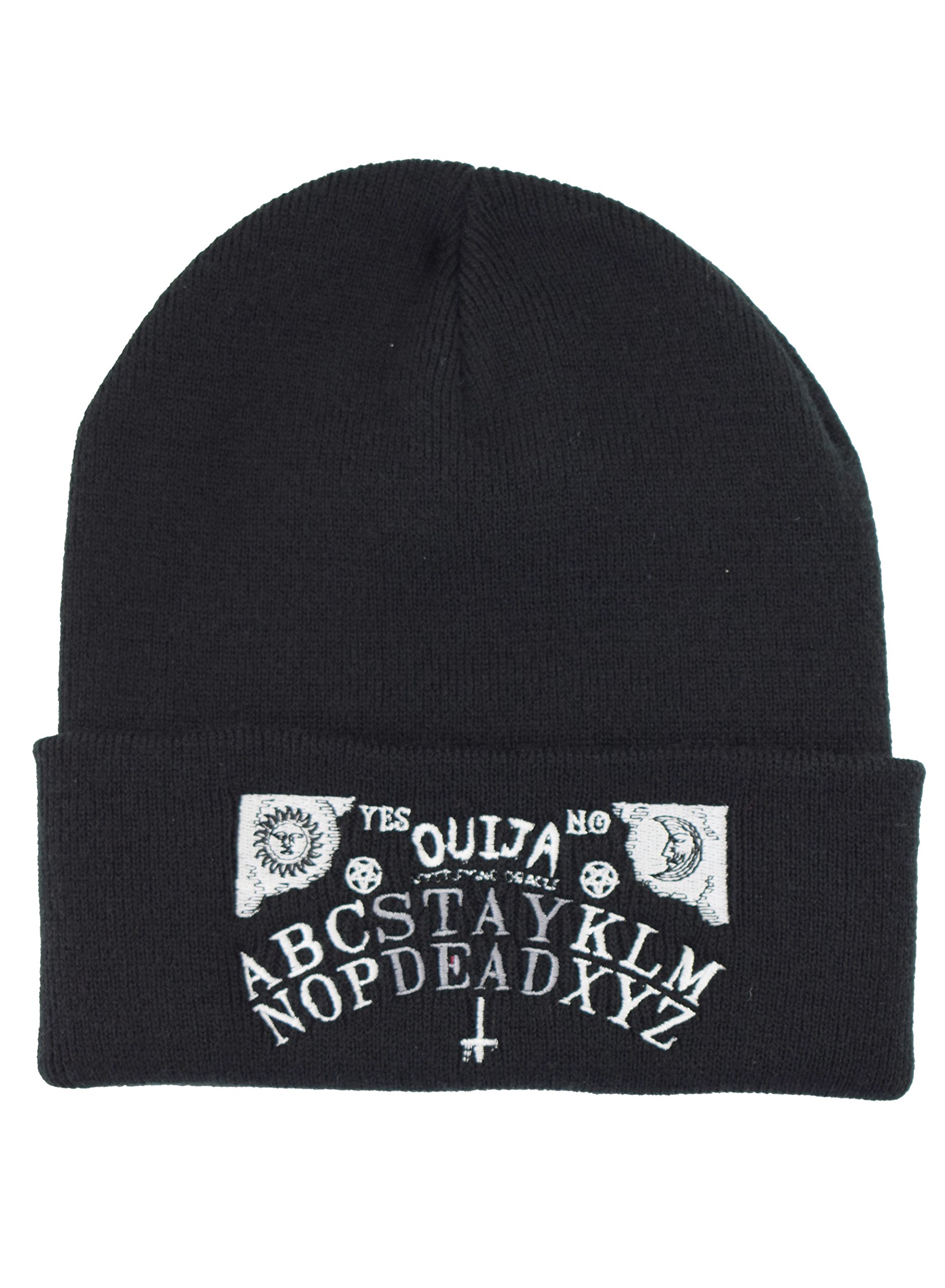 Nostalgic Clothing Stay Dead Ouija Board Embroidered Occult Satanic Slogan Knitted Beanie Hat Black