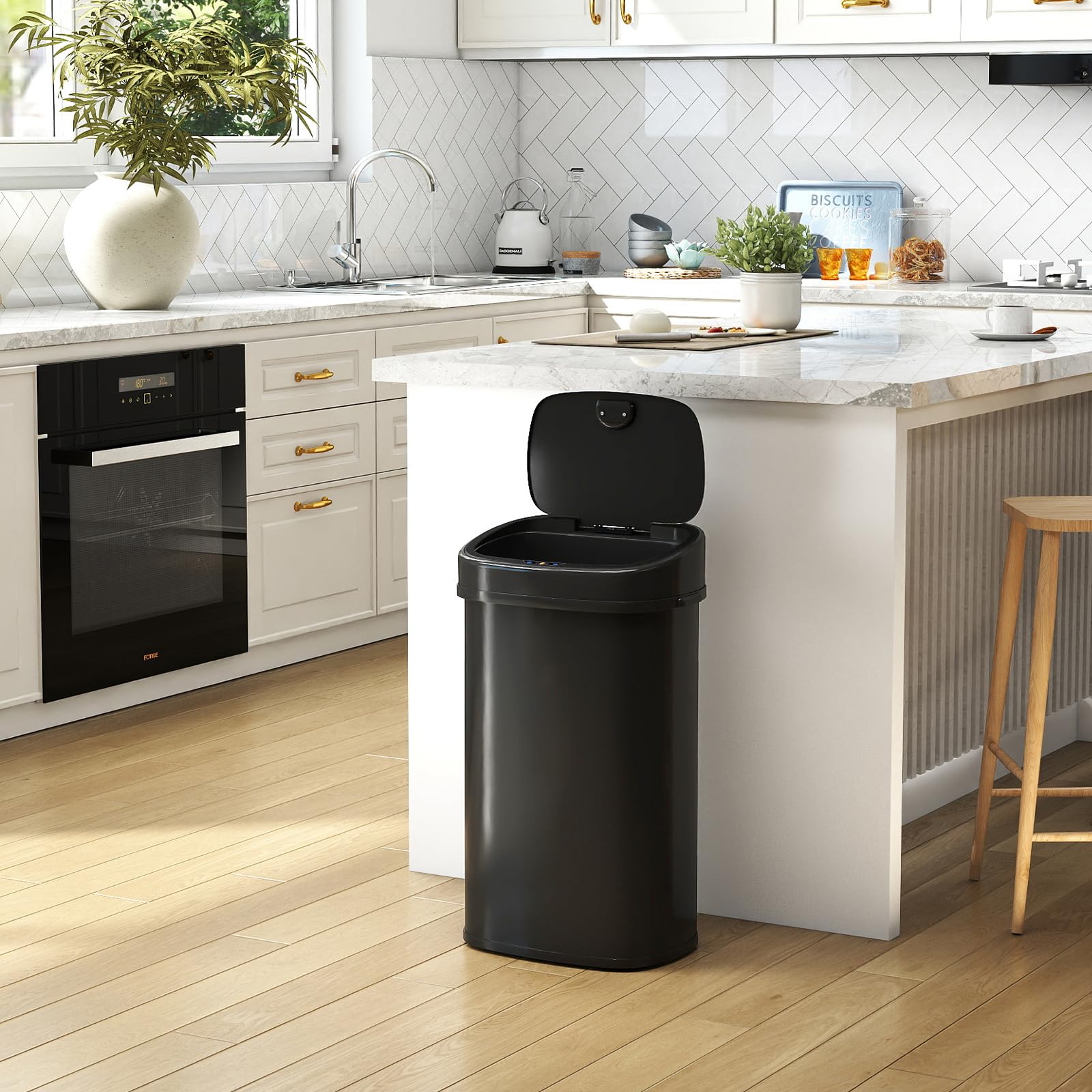COSTWAY Mülleimer mit Sensor, 58L Abfalleimer Küche, 2 Fächer Mülltrennsystem für Recycling und Restmüll, automatischer Küchenabfalleimer mit Softclose-Deckel, schwarz