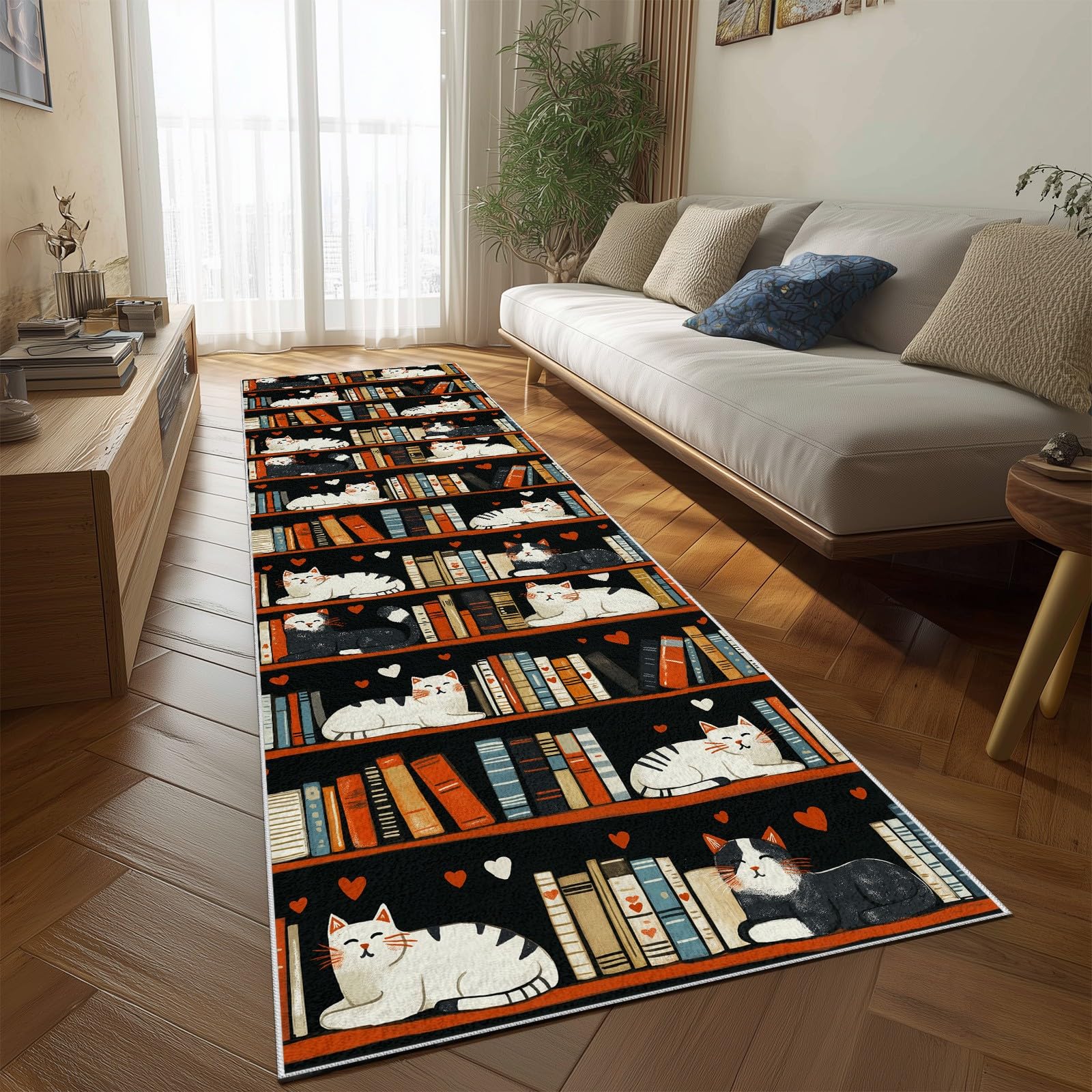 Teppich Läufer Flur Katzenliebhaber Buch rutschfest und Waschbar | Cute Katzenmotiv Küchenläufer lang für die Küche Tier Buch Flurteppich auch als Bettvorleger für Schlafzimmer 60x150 cm