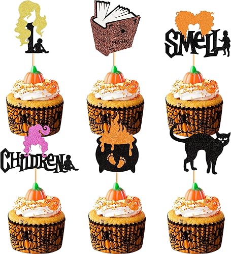 Ercadio Paquete de 24 adornos para magdalenas con purpurina para niños, con purpurina de Hocus Pocus, para Halloween, brujas, para Halloween, tema