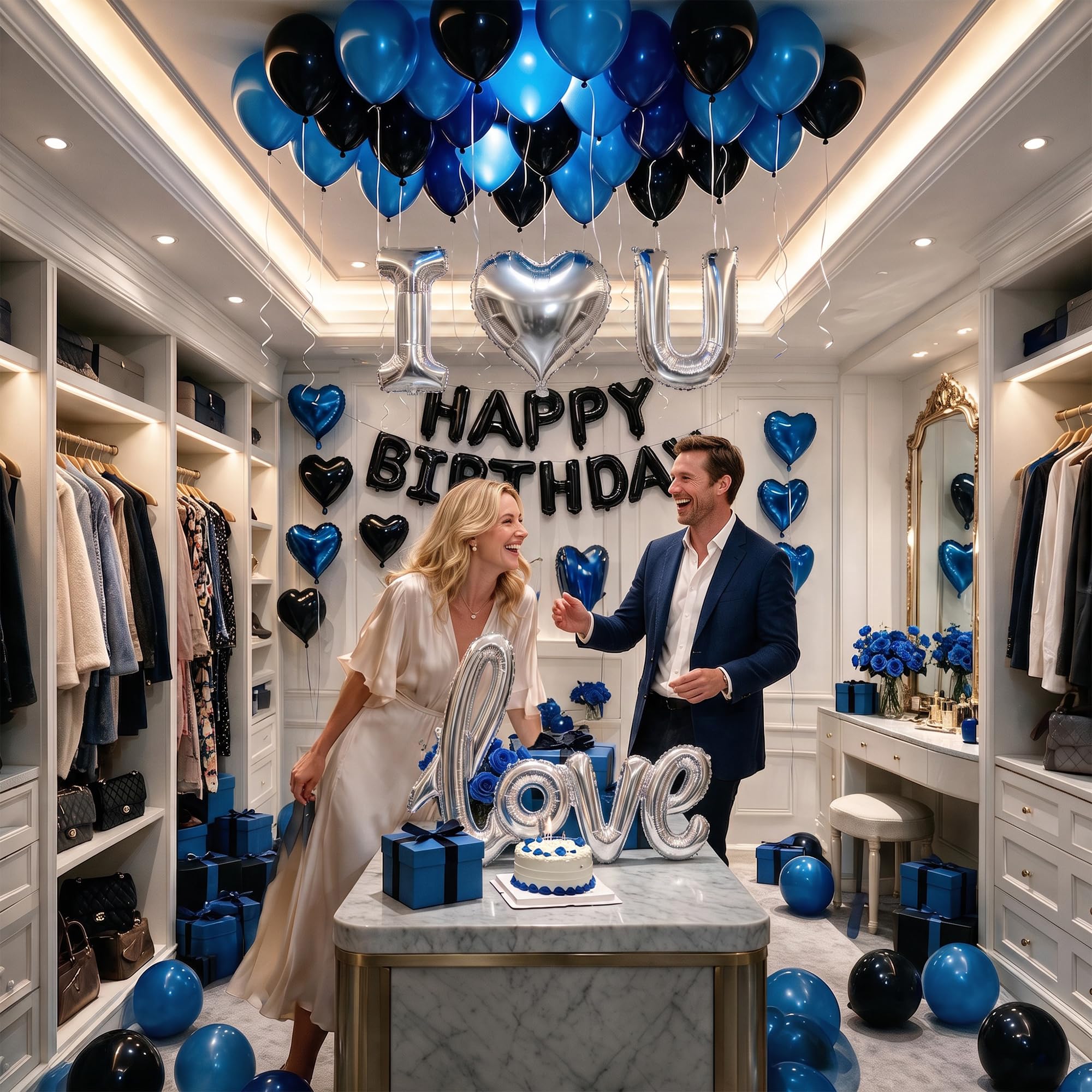 Set di palloncini di buon compleanno blu e nero con palloncini I Love You