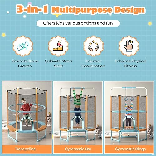 Miniatura 2 de Goplus Trampolín de 60 pulgadas para niños, trampolín 3 en 1 con barra de gimnasia, anillos oscilantes, red de seguridad elevada, trampolín