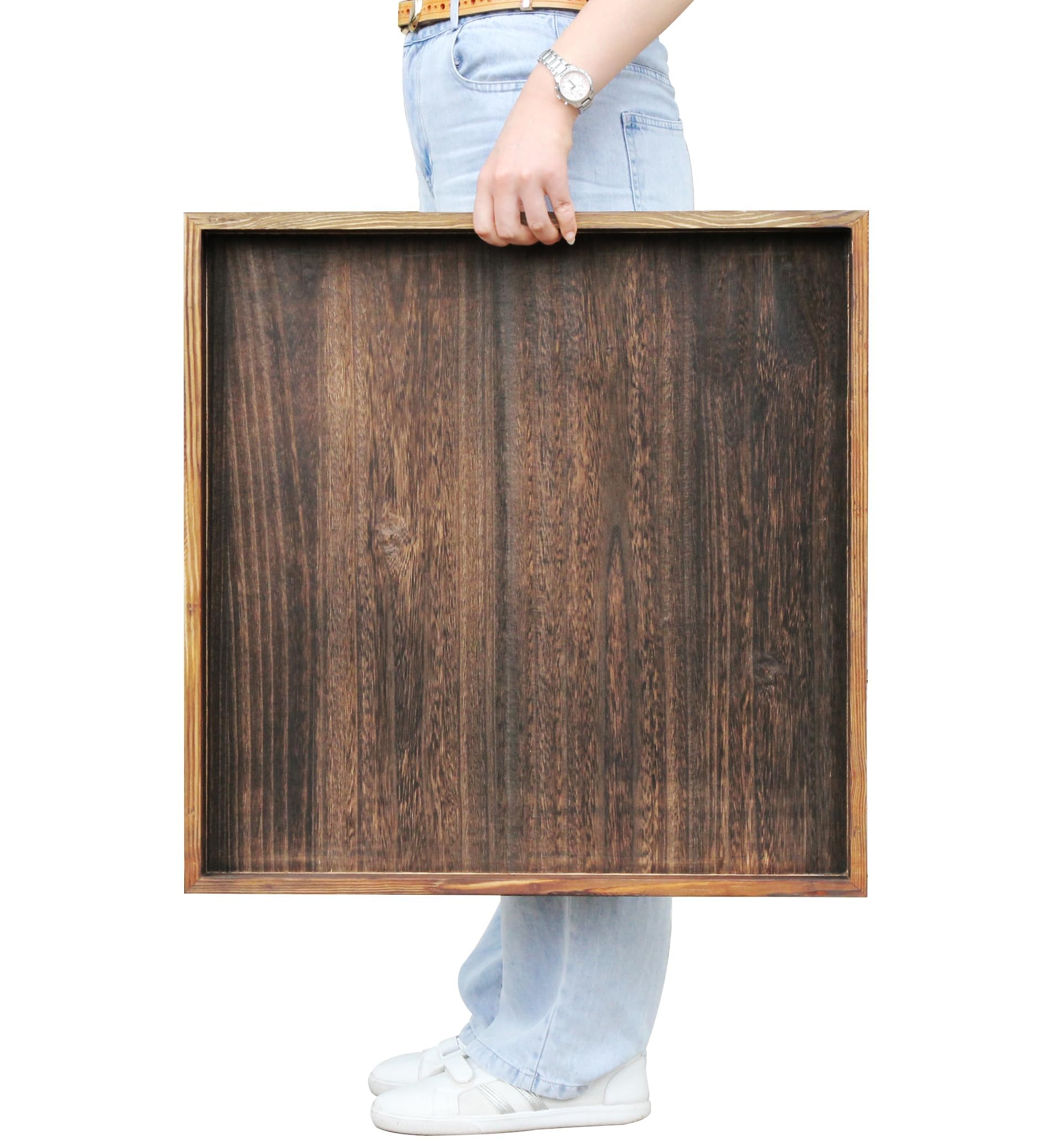 Extra Large Square Ottoman Table Tray Square-24 - Rustic Wooden Serving Tray for Farmhouse Decorative Oversized Coffee Table Trays Living Room Kitchen Counter Breakfast Brown