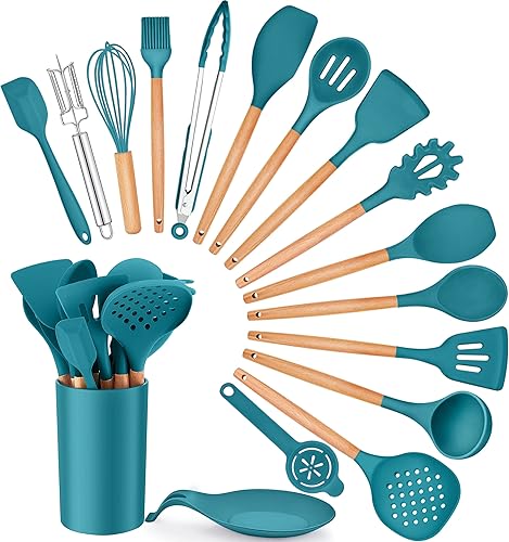 Homikit 17 utensilios de cocina con soporte utensilios de silicona azul marino y verde azulado resistentes al calor juego de herramientas de cocina