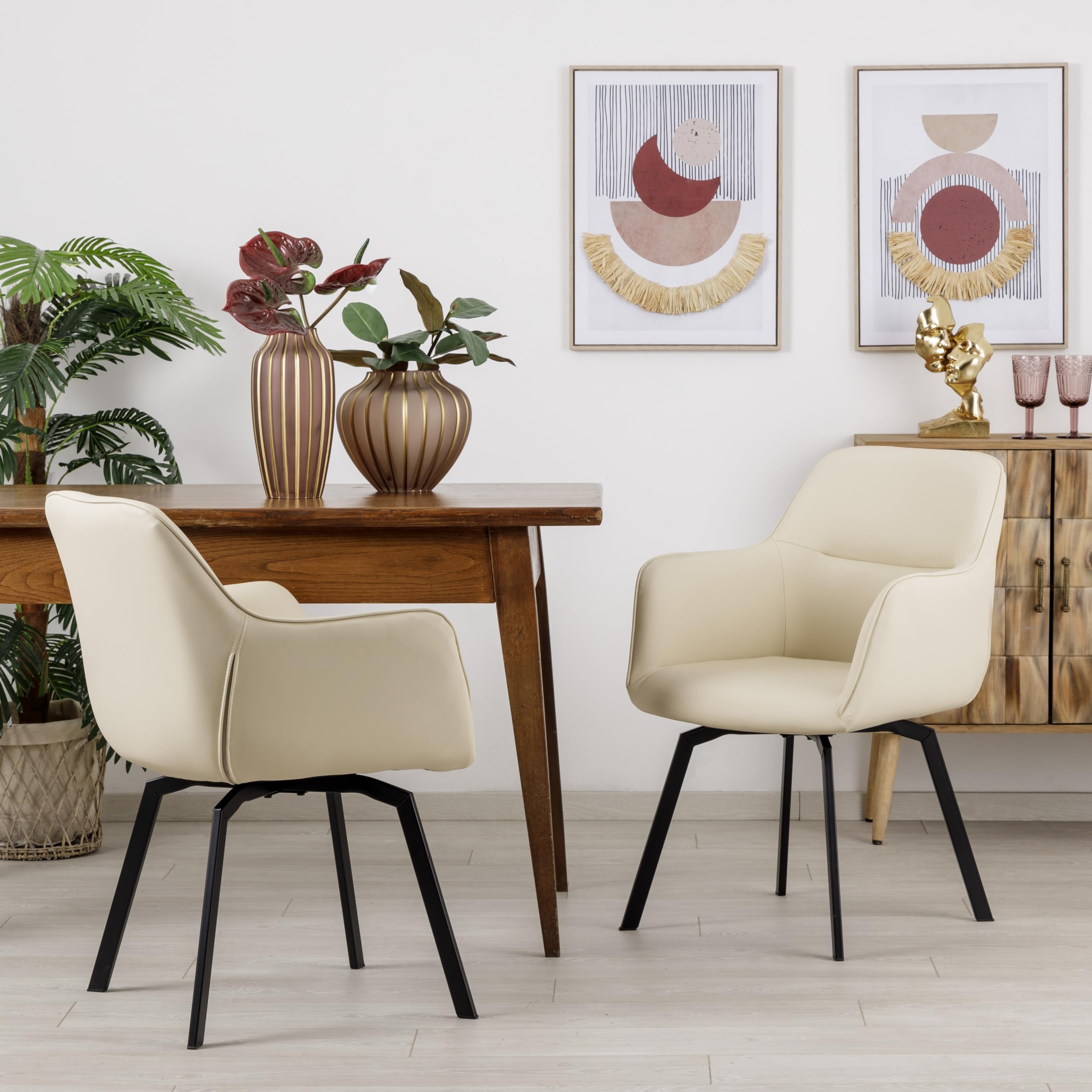 Baroni Home Sillón Giratorio Moderno con Reposabrazos y Tapicería de Cuero de Imitación y Patas de Acero Negro, Sala de Estar, Dormitorio, Rincón de Lectura, Beige, 55x85x47 cm