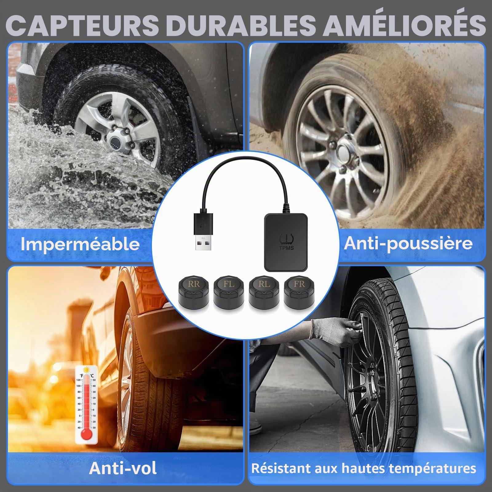 TPMS Système de Surveillance de Pression des pneus avec Charge USB, 4 capteurs, compatibilité pour écran de Navigation Android, Surveillance Universelle pour Voitures, SUV, caravanes (0-8bar)