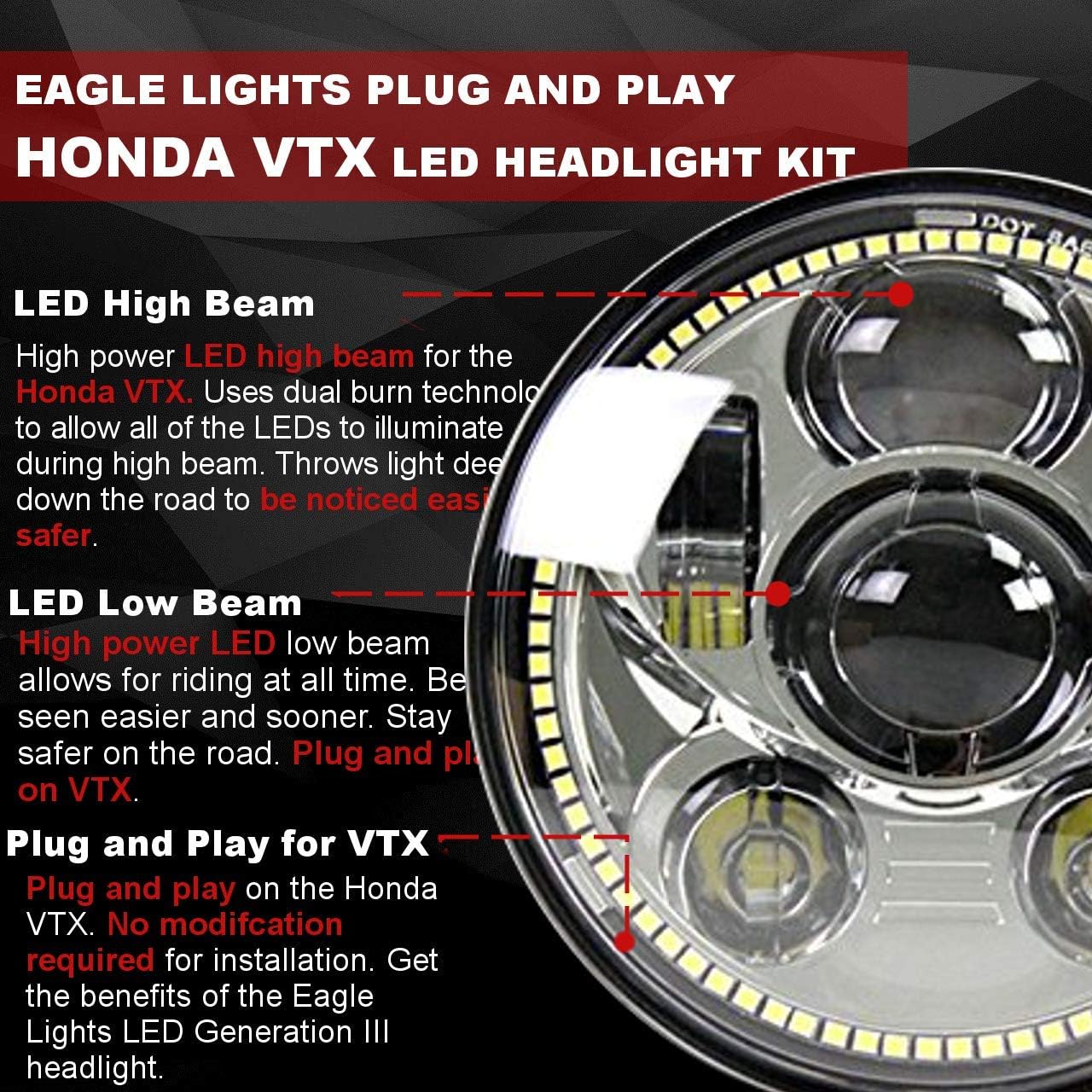 Eagle Lights 5.75 inch LED Motorcycle Headlight Kit for Honda with Bracket and Hardware - Plug and Play (Chrome Generation III with Halo Ring) fits 2002-2008 VTX 1800, VTX 1300