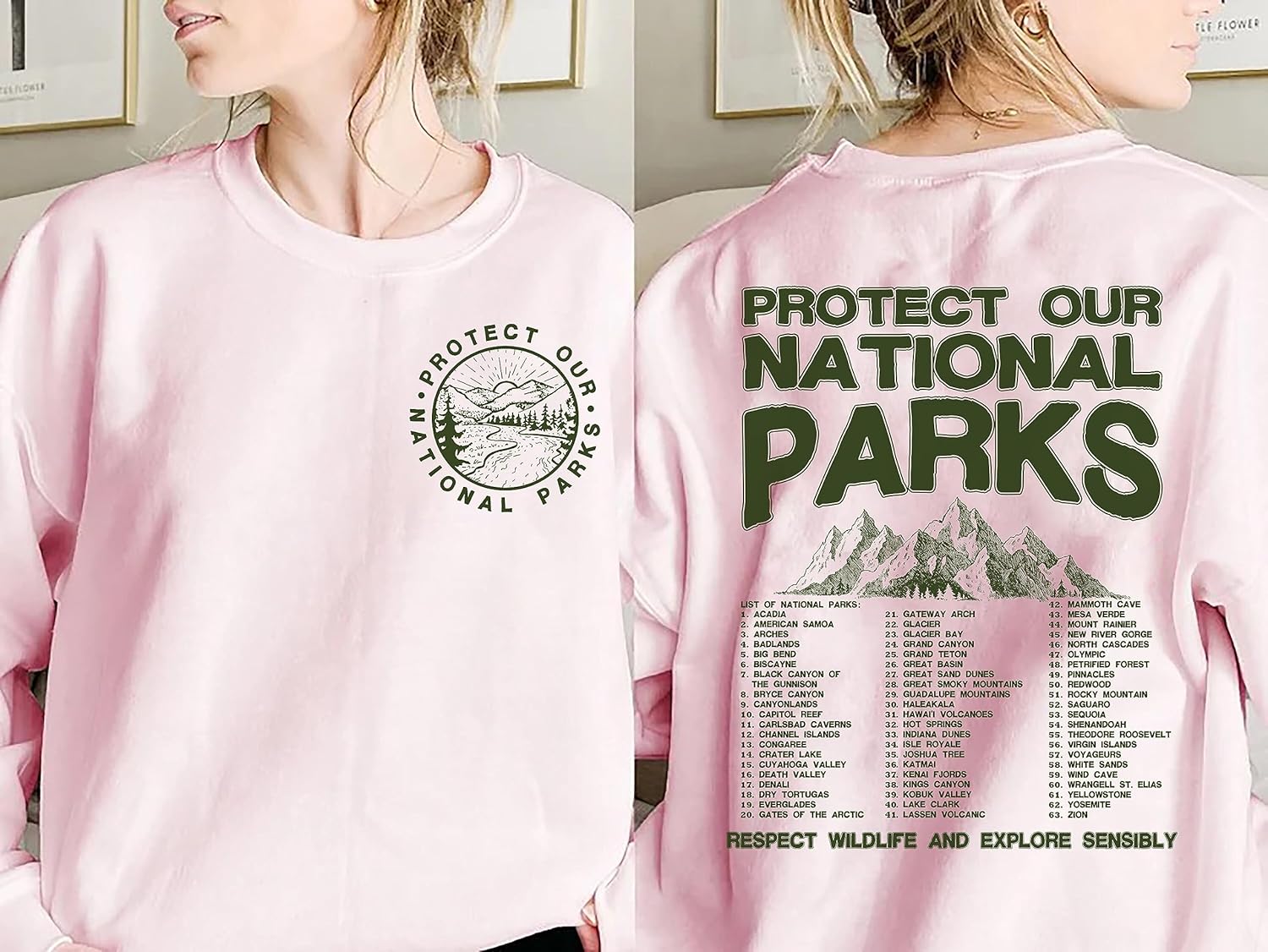 National Parks Sweatshirt - Protect Our National Parks Mountains Hiking 2 Sided Sweater S Light Blue