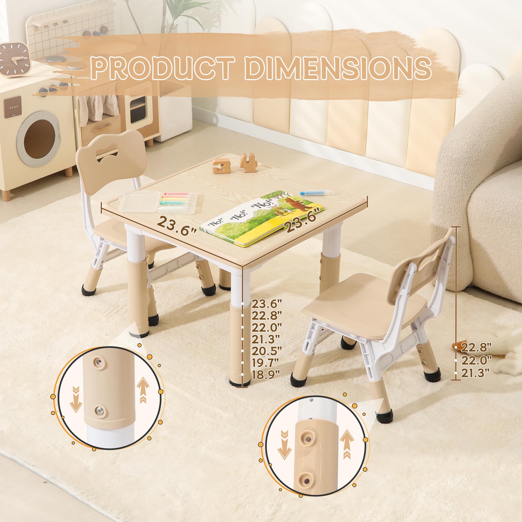 SINKIPA Kids Table and Chairs Set, 23.6''L x 23.6''W Toddler Table and Chairs, Height Adjustable Kids Study Table for Ages 2-10, Graffiti Desktop Children Activity Table with Anti-Slip Foot Covers