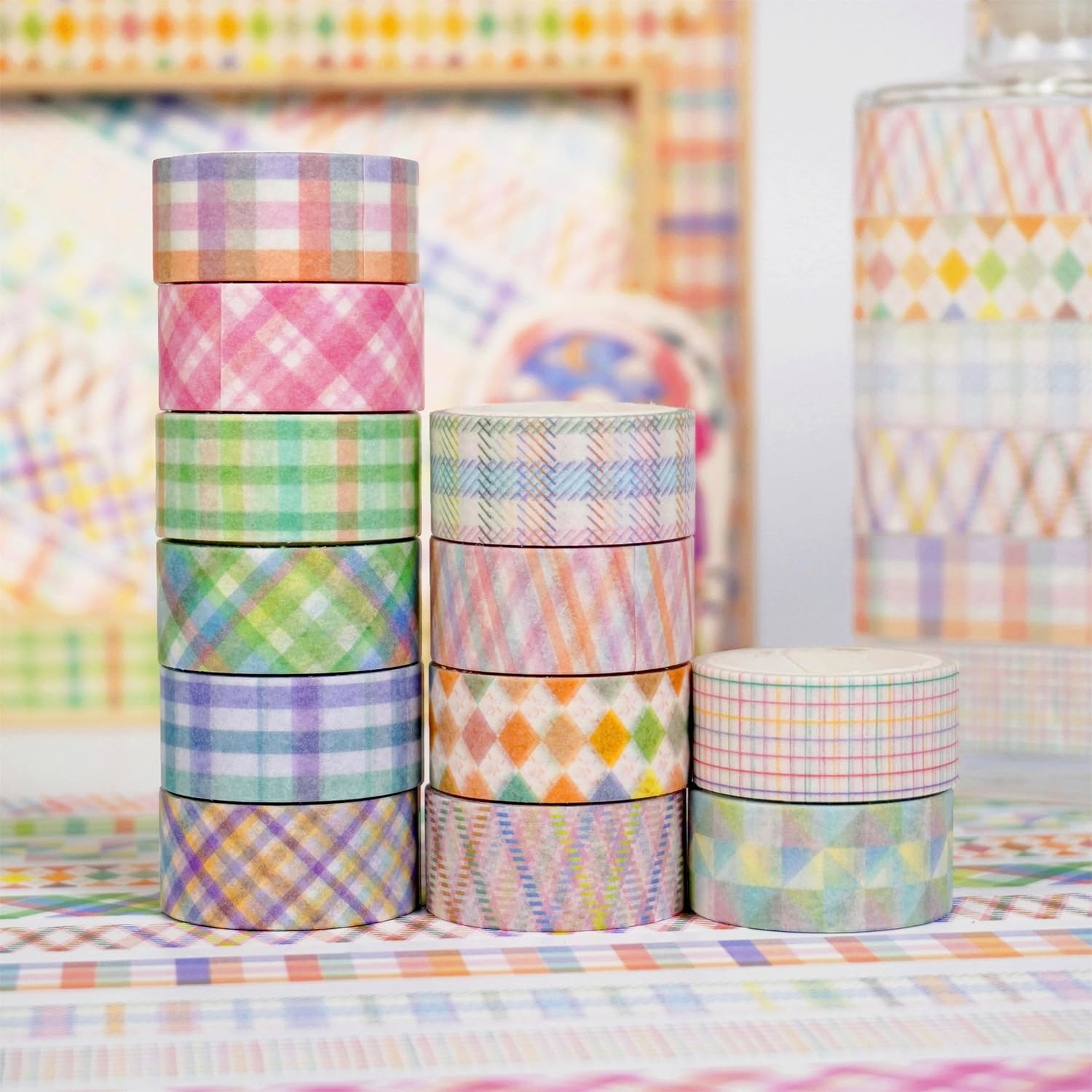 Basic Grid Washi Tape Set 12 Rolls Plaid Decorative Masking Tapes for Arts, DIY Crafts, Journals, Planners, Scrapbook, Wrapping (Colored)