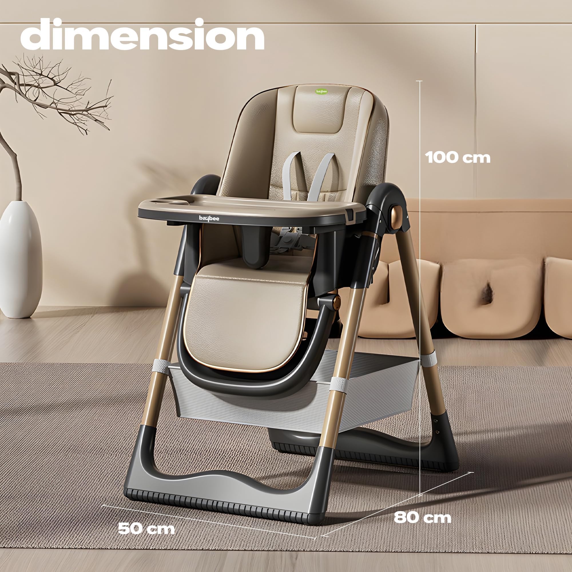 Baybee 3 in 1 Baby High Chair for Kids, Baby Feeding Chair with 8 Height Adjustable, Footrest, Tray, 160° Recline, 5 Point Safety Belt & Wheels | Kids High Chair for Baby 0 Months to 6 Years (Brown) - Image 9 thumbnail