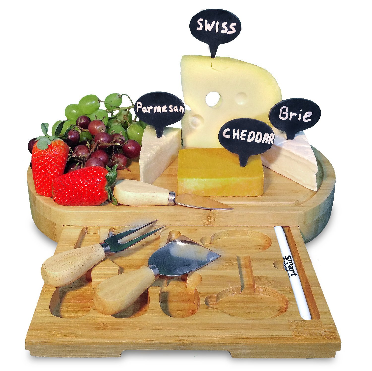 All-In-One 9 Pieces Bamboo Wood Cheese Board Set With A Slide Out Tray. This Top Quality Bamboo Cutting Board Comes With A Set Of 3 Cheese Slicer Knives, 4 Natural Slate Labels and More