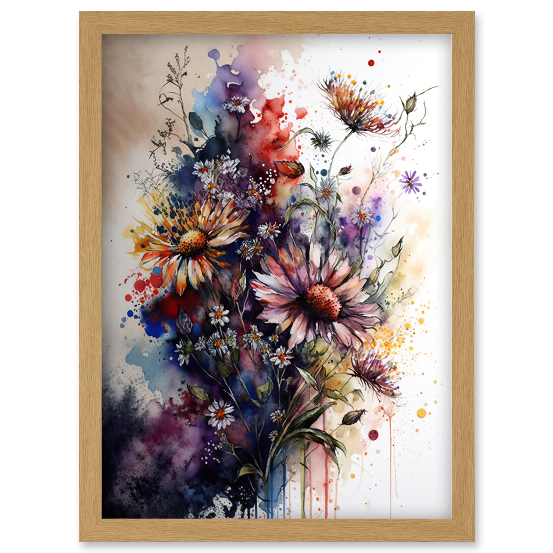 Artery8 Flower Bouquet over Watercolour Splat Illustration Artwork Framed Wall Art Print A4