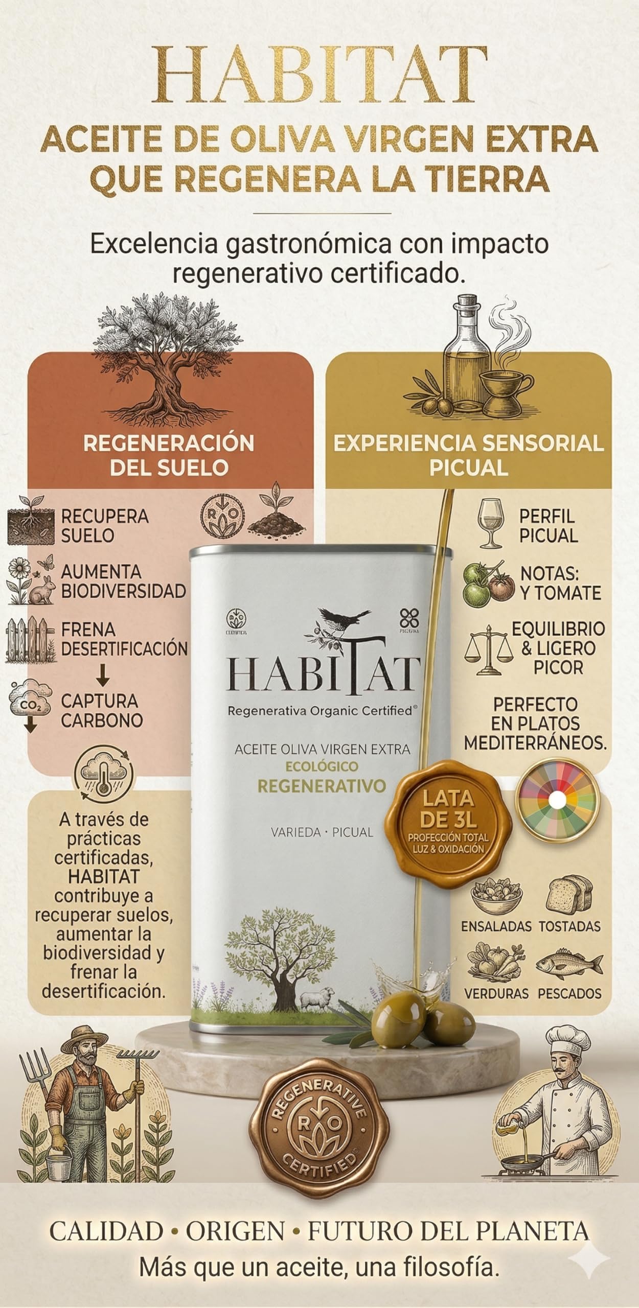 HABITAT AOVE - Aceite de Oliva Virgen Extra Regenerativo Picual en Lata 500 ml Opaca y Reciclable - Extracción en Frío, Producto de España - Ideal para Ensaladas, Tostadas y Cocina en Crudo