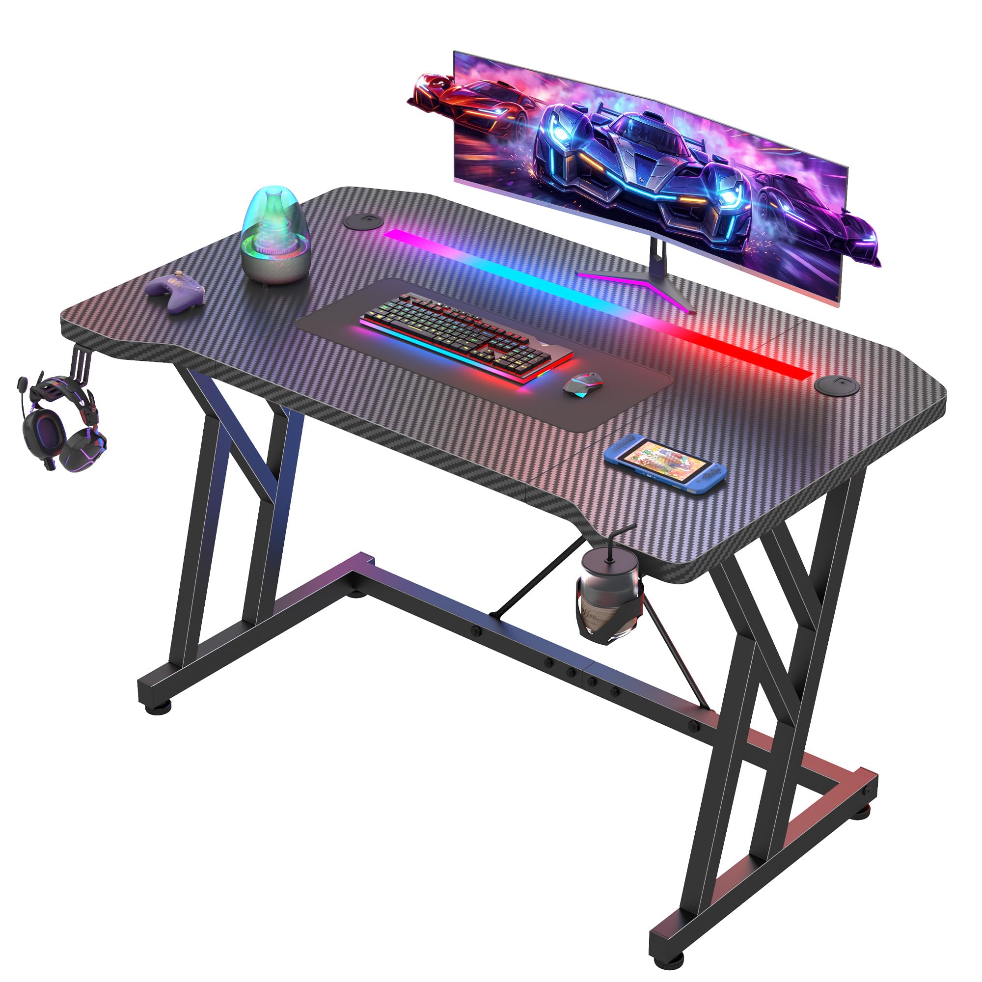 Escritorio Gaming LED 100 x 60 cm, Mesa de Ordenador con Banda RGB, Escritorio Gamer de Fibra de Carbono Ergonómicas, con Portavasos y Gancho para Auriculares, Negro