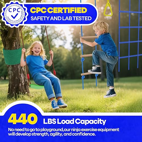 Miniatura 6 de Carrera de obstáculos Ninja Warrior de 2 x 55 pies para niños con 13 accesorios de carrera de obstáculos columpios, barras de mono, entrenadores de