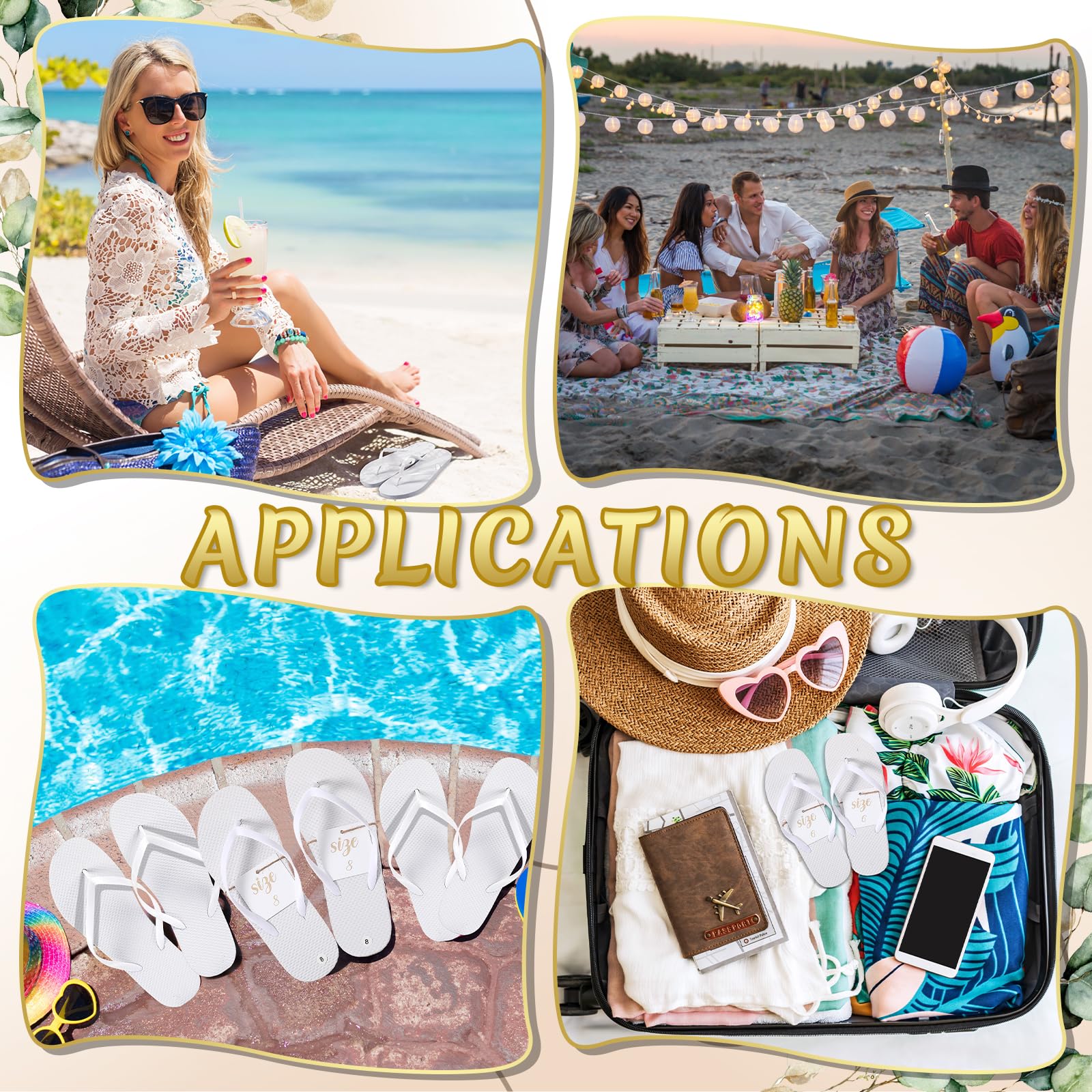 Sinmoe 12 Paar Flip Flops für Hochzeit Gäste 12 Stück Karten mit 4 Größen Gedruckt und Seil Pantoffeln für Hotel Spa Pediküre