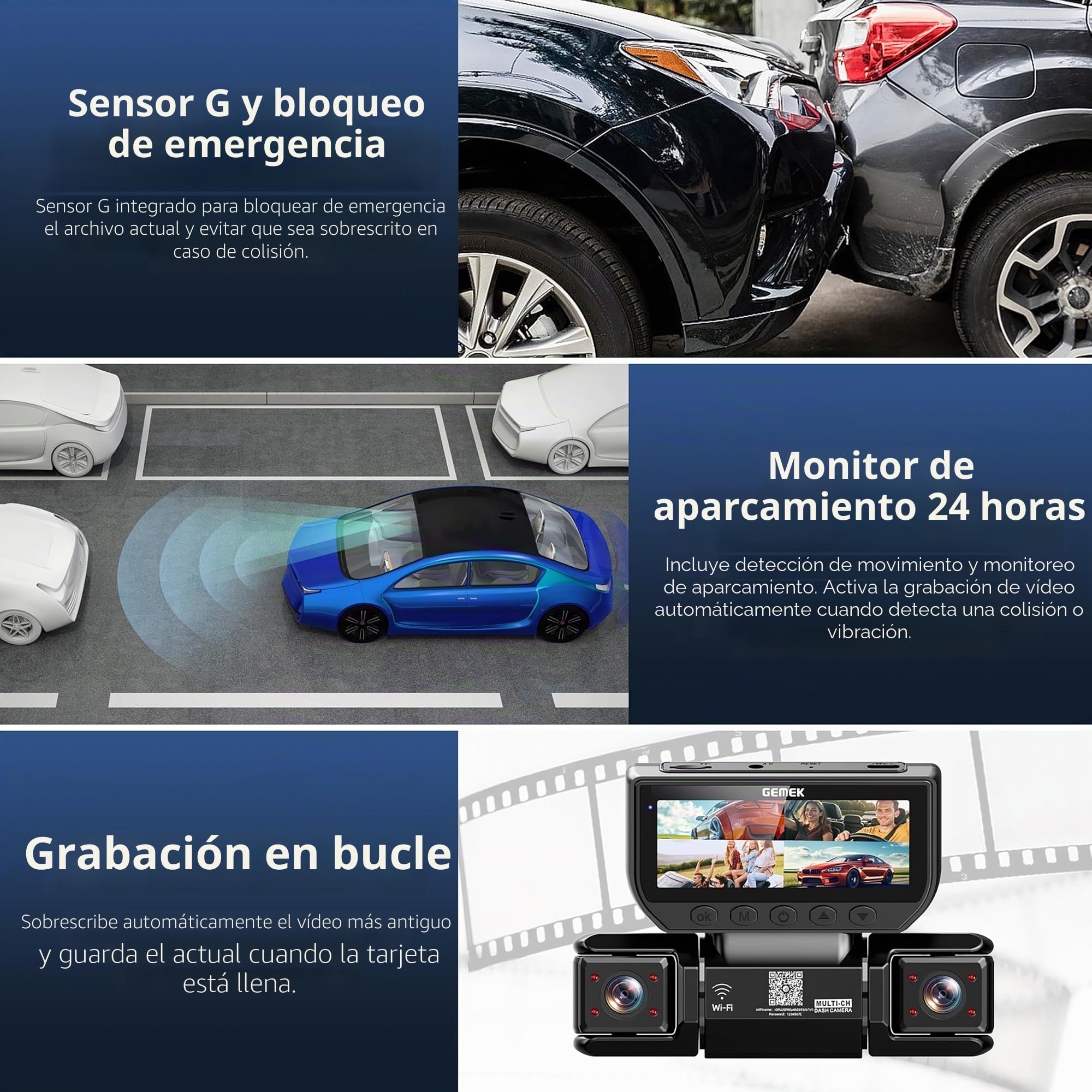 Cámara para salpicadero de 360 Grados y 4 Canales, con WiFi 5G y Control Mediante aplicación, GEMEK 2K: Vista Delantera, Trasera e Interior, Izquierda y Derecha; Tarjeta TF de 64 GB incluida