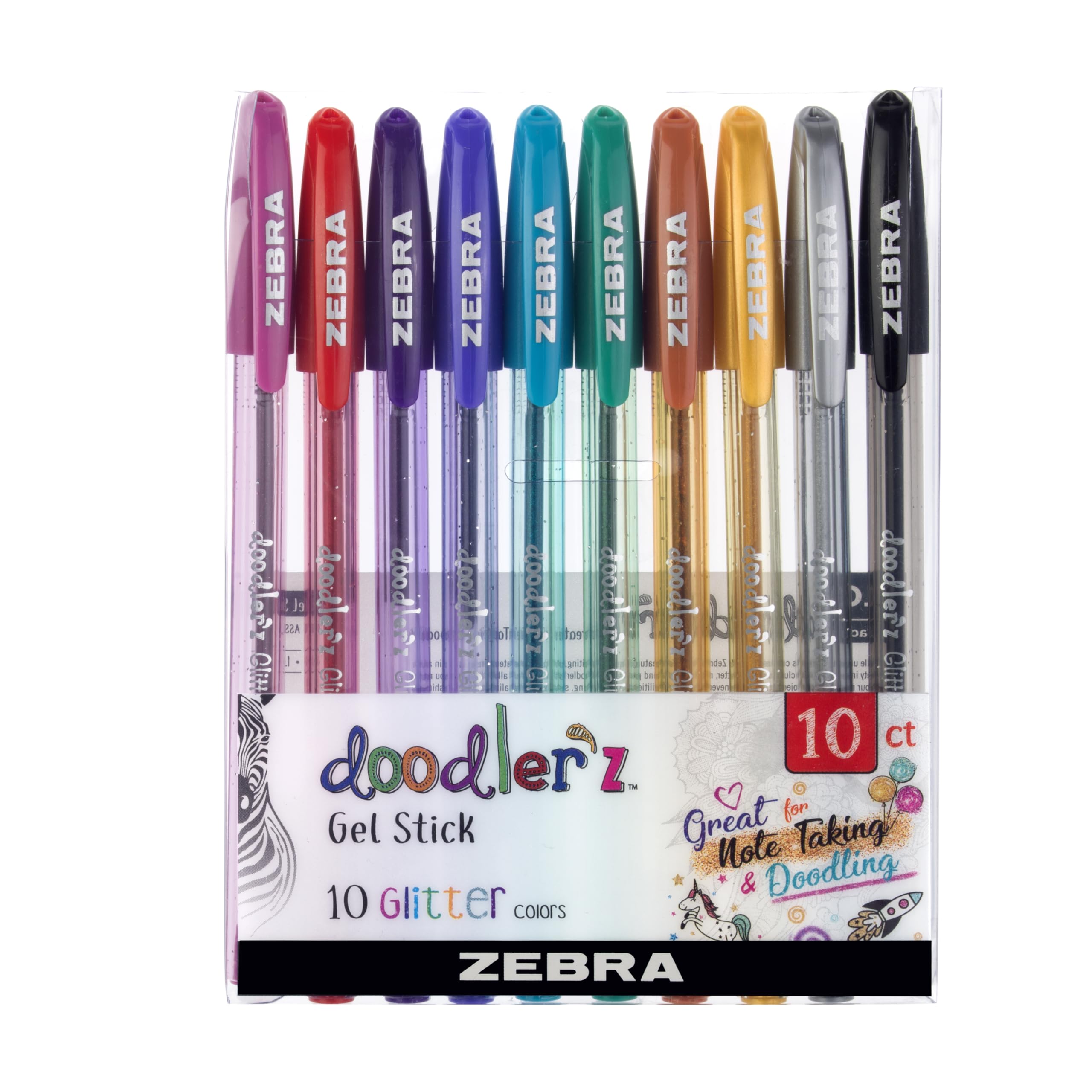 Zebra Pen Doodlerz Gel Stick Pen, Bold Point, 1.0mm, Assorted Glitter Colors, 10 Pack
