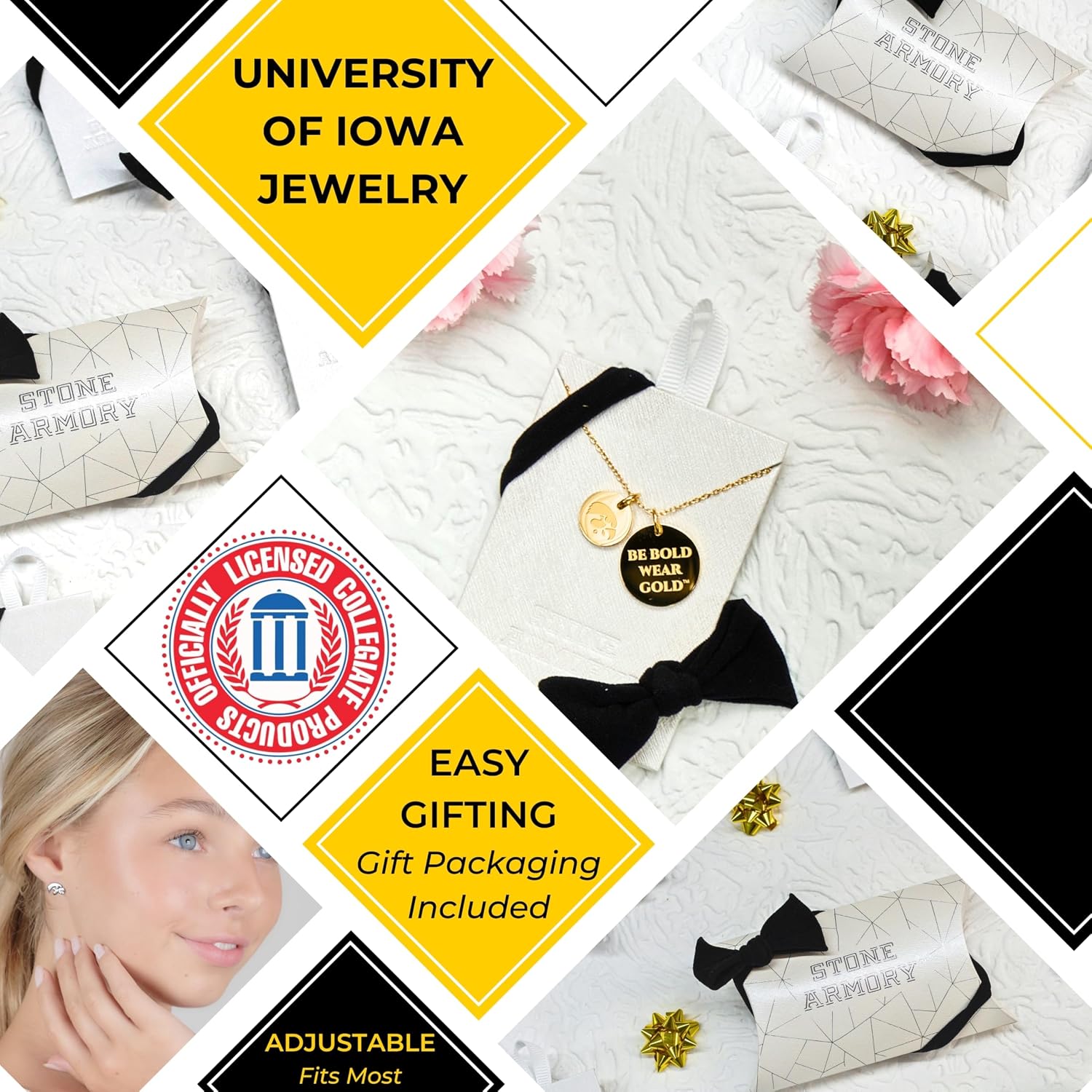 Stone Armory Necklace for Iowa Hawkeyes - 18K Gold-Plated Stainless Steel Jewelry Designed for Sensitive Skin - Adjustable 16-20in Chain, Gift for University of Iowa Fans