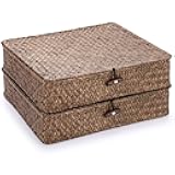 Hipiwe Woven Wicker Basket Bins with Lid - Set of 2 FLat Seagrass Storage Baskets Boxes Rectangular Shelf Baskets Home Organizer Bin for Shelf Organizing (Large Size, Coffee)