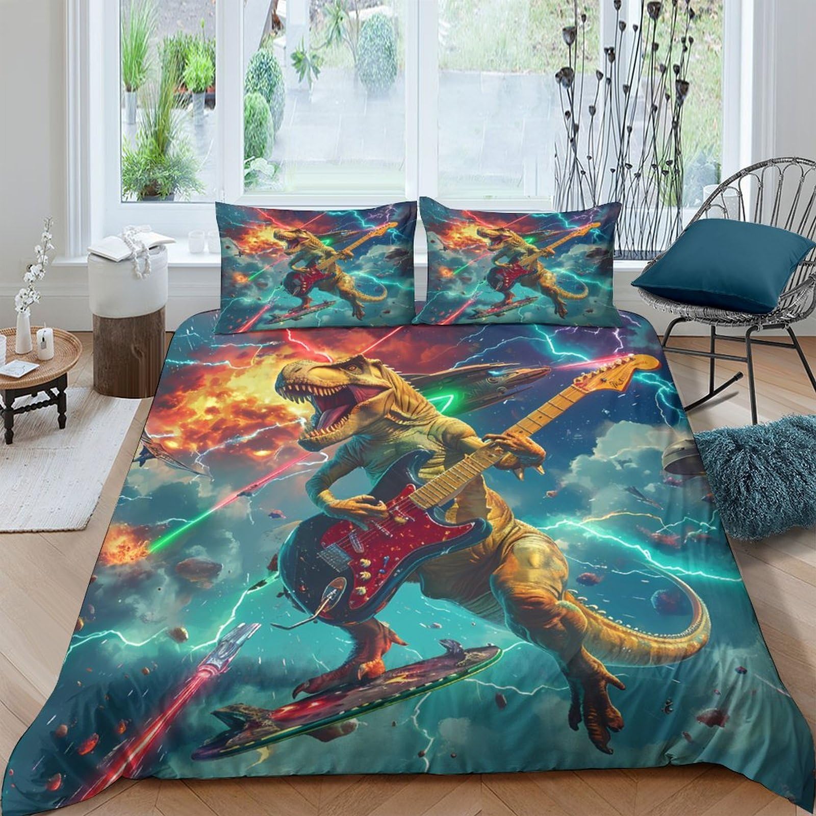 Ctjqhvkz Style-5 3D Printed Fire-Breathing Dinosaur Fitted Sheet Microfiber Colourful Rock Guitar Bed Cover For Bedroom Dorm Decor Single（135X200cm）