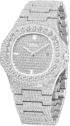 Miniatura 2 de Gosasa Reloj de pulsera unisex de cristal para hombre y mujer, reloj cubano con brillo completo, oblongo de plataoro, reloj de pulsera de acero