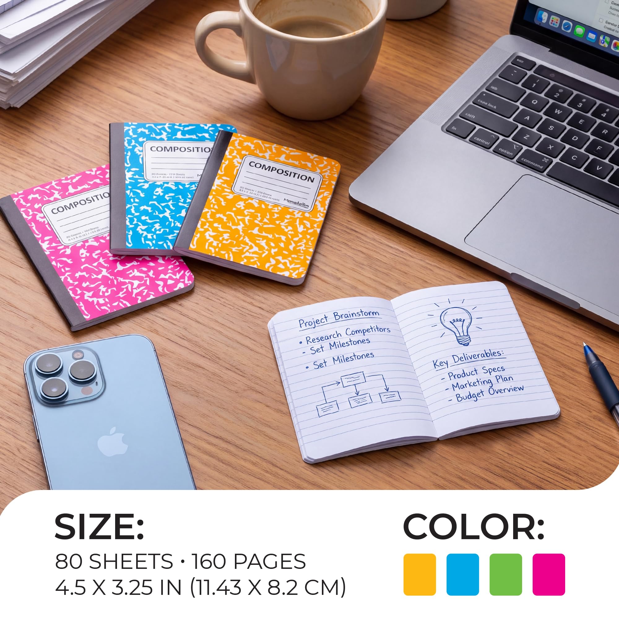 Mini Composition Notebooks 12 Pack, Small Pocket Notebooks for Kids, Students, Nurses, Teachers & Office, 4.5 x 3.25 Inch Mini Marble Notebooks, 80 Sheets / 160 Pages Each, Bright Colors (24)