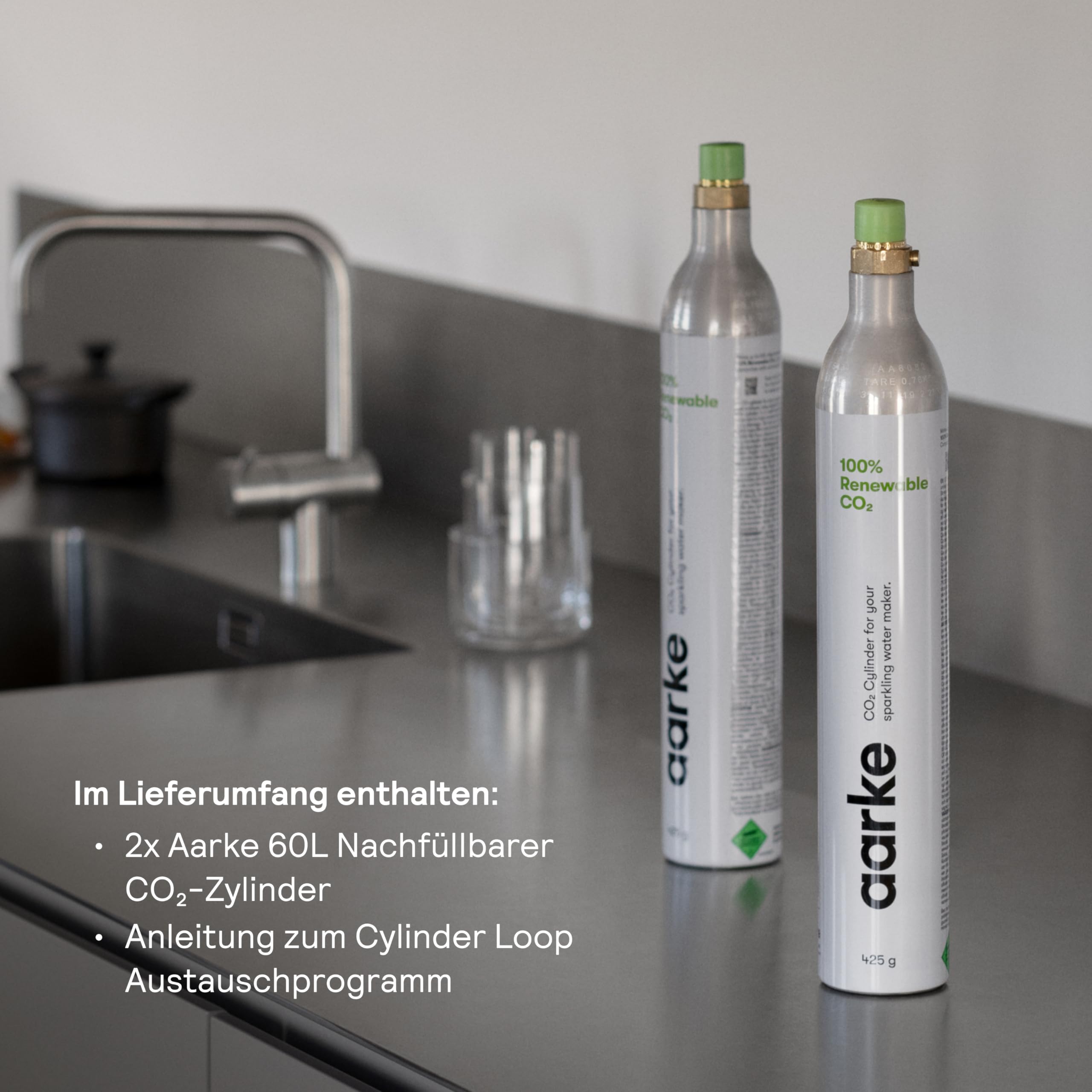 Aarke Confezione da 2 cilindri a CO2 da 60 l, per aeratore ad acqua, 100% CO2 rinnovabile, compatibile con tutti i gorgogliatori con cilindro a gas a vite
