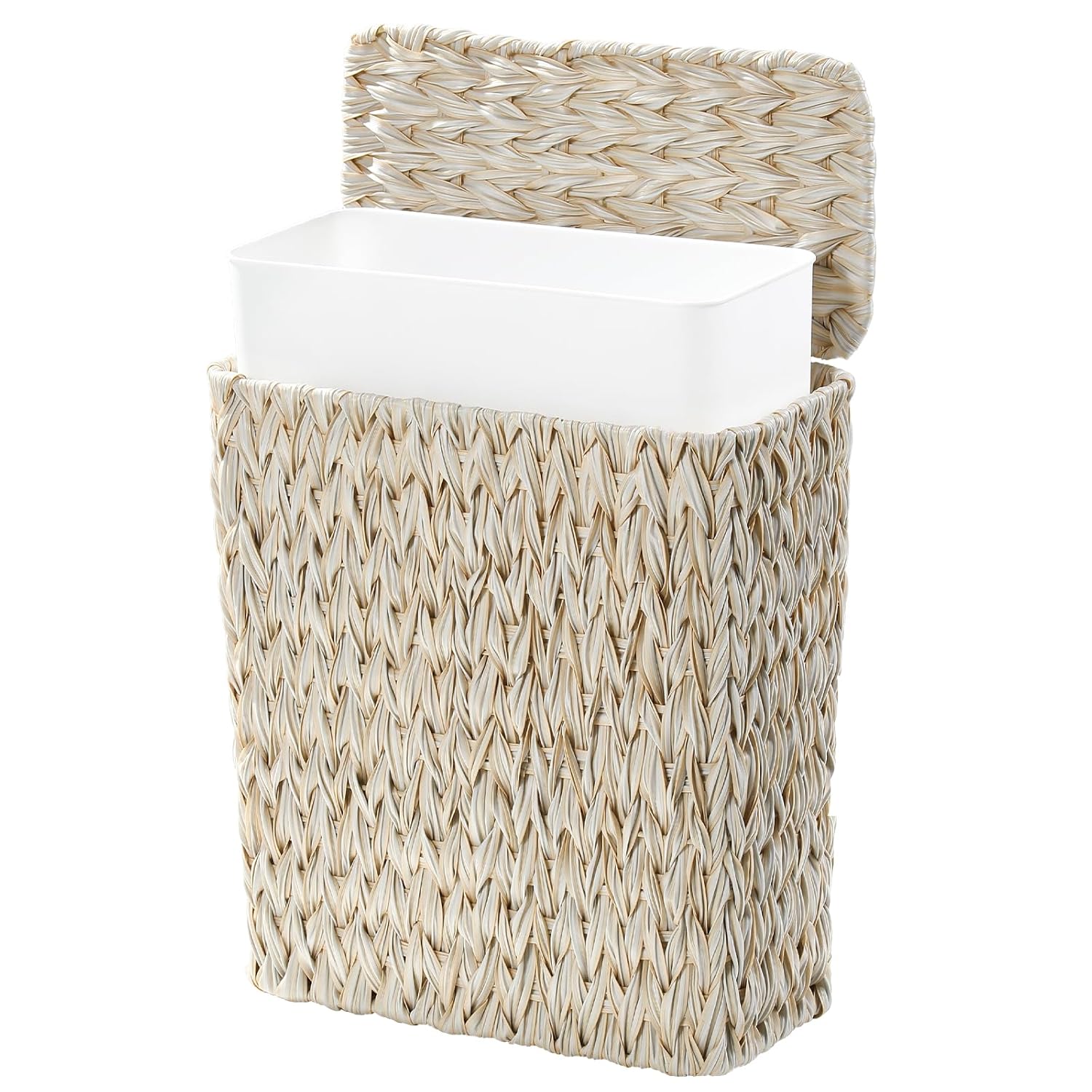Wicker Trash Can with Lid and Liner,Boho Decotative Small Bathroom Trash Cans,Waterproof Slim Waste Basket for Bedroom,Home Office,3 Gallon white