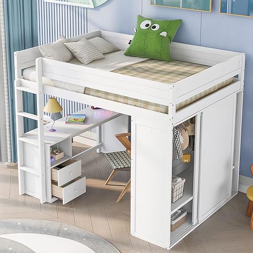 Miniatura 254 de Quarte Cama alta multifuncional, cama alta tamaño matrimonial con escritorio integrado y estantes de almacenamiento, dos cajones y escalera de