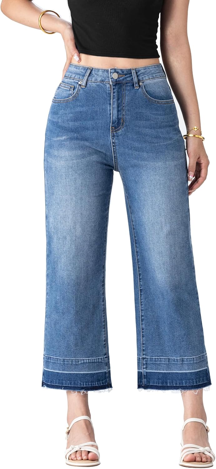 Wide Leg Flare Jeans for Women,High Waisted Stretchy Cropped Denim Trendy Baggy Pants
