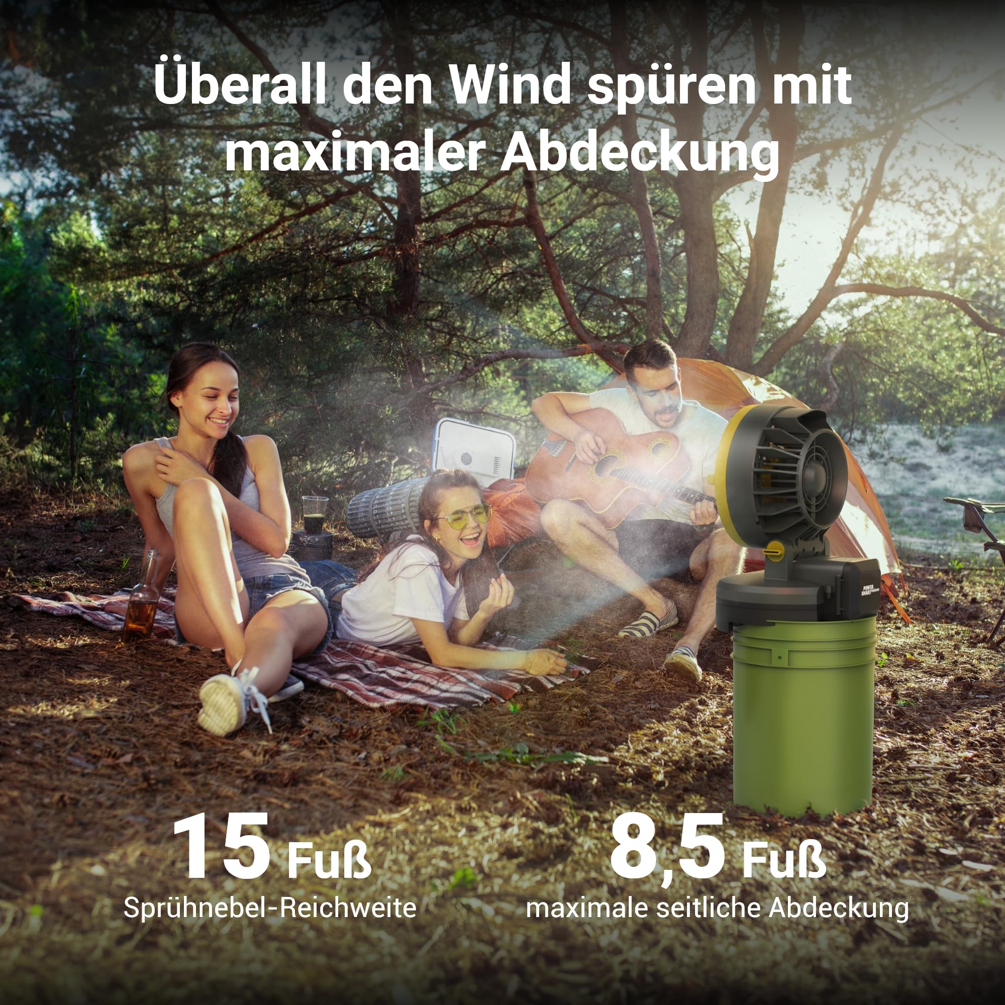 EXIT Akku-Nebelventilator EX022 20V,ideal für Camping, Grillpartys & Strand | 3 Geschwindigkeiten, 3 Nebeleinstellungen, bis 8 Std. Laufzeit, 60° Schwenkkopf, für Camping, Grillpartys & Strand, 19L Eimer