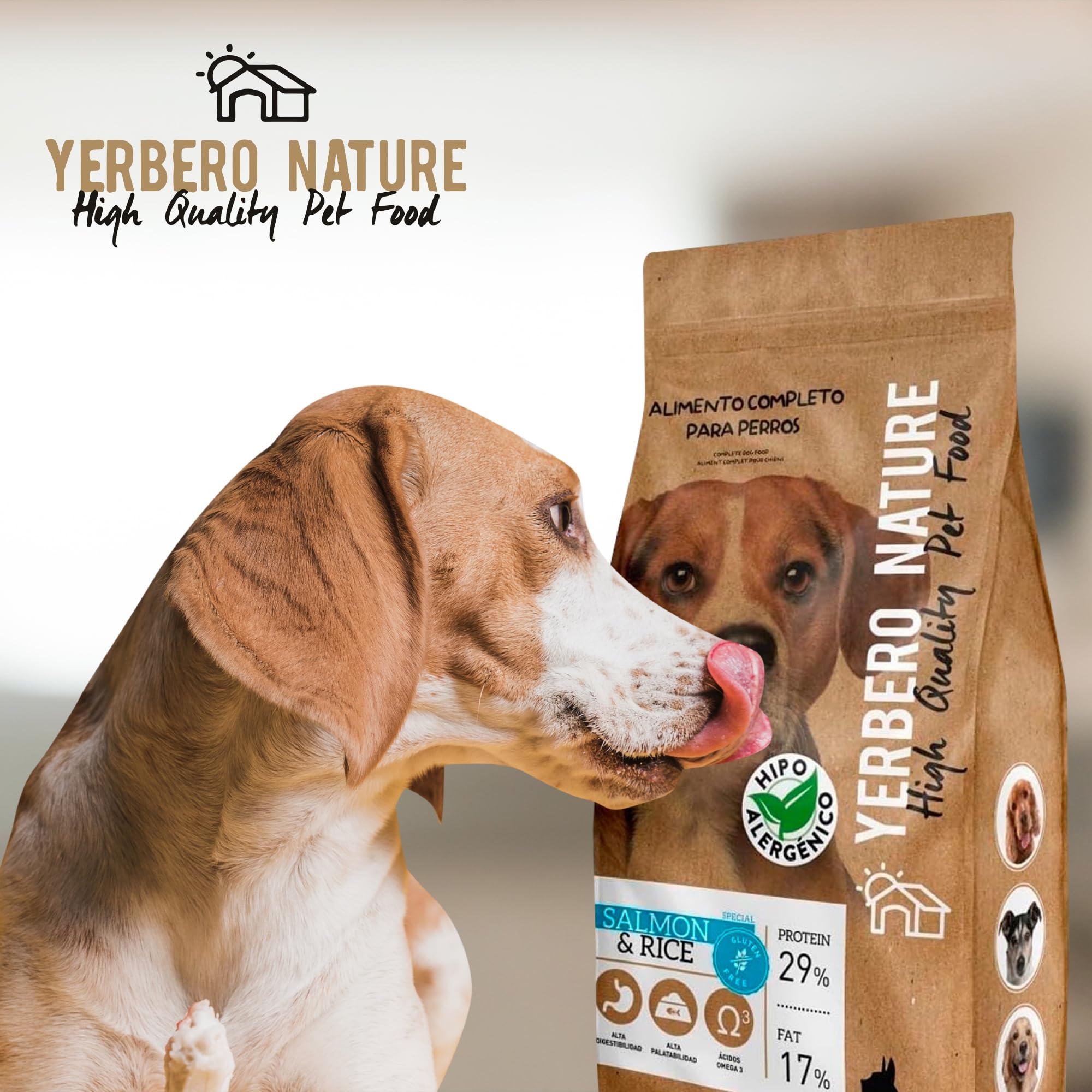 Yerbero Nature Salmon & Rice, Pienso para Perros sin Gluten con Salmón,Pienso Hipoalergénico para Perros con Alta Digestibilidad con Omega 3 para Pelo Brillante (Salmón y arroz) 10kg