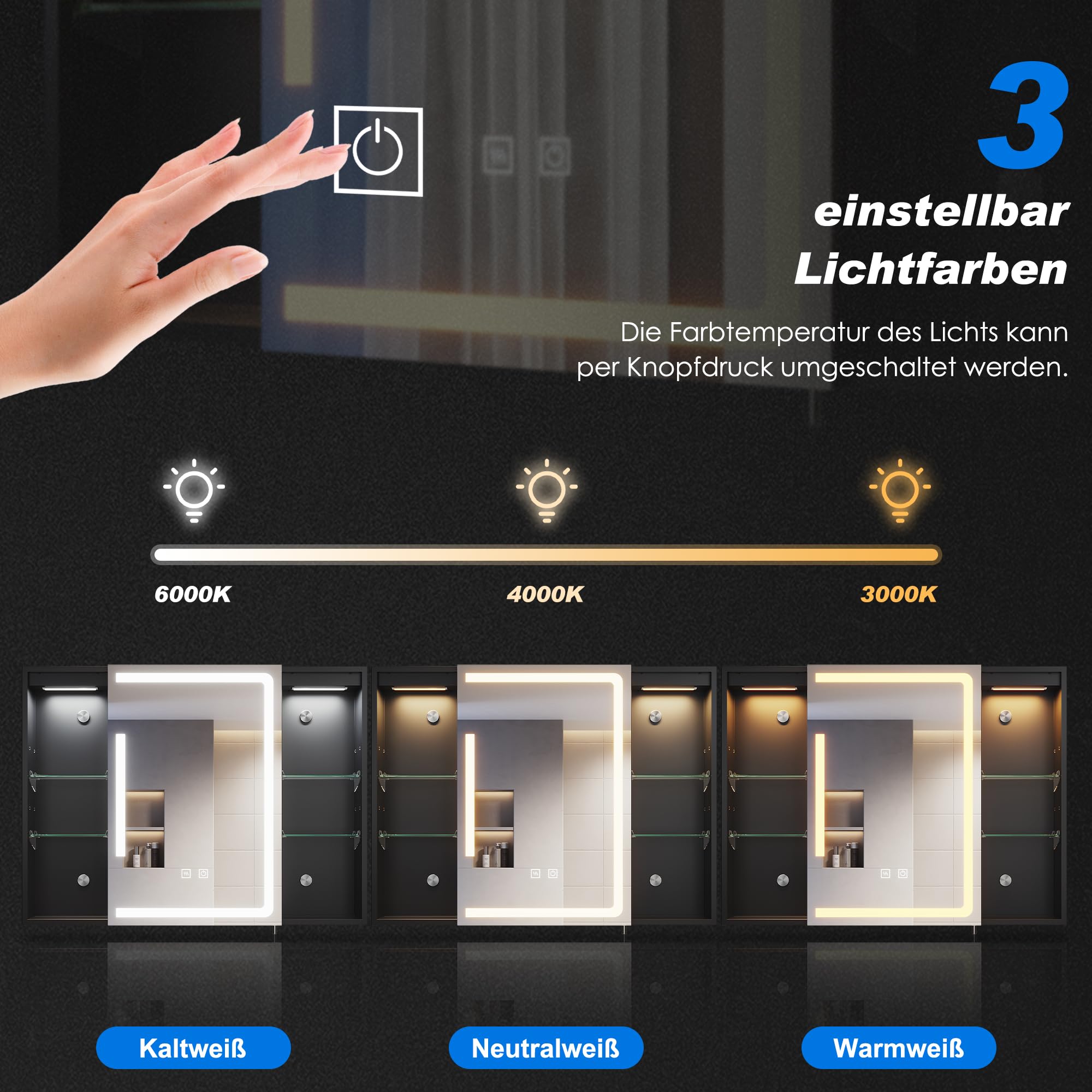 SONNI Spiegelschrank Bad mit Beleuchtung und Lagerung 80 * 60 cm, LED Spiegelschrank mit Steckdose, Dimmbar, 3 Einstellbare Lichtfarben Beschlagfrei Badezimmer Wandschrank, Medizinschrank Mattschwarz