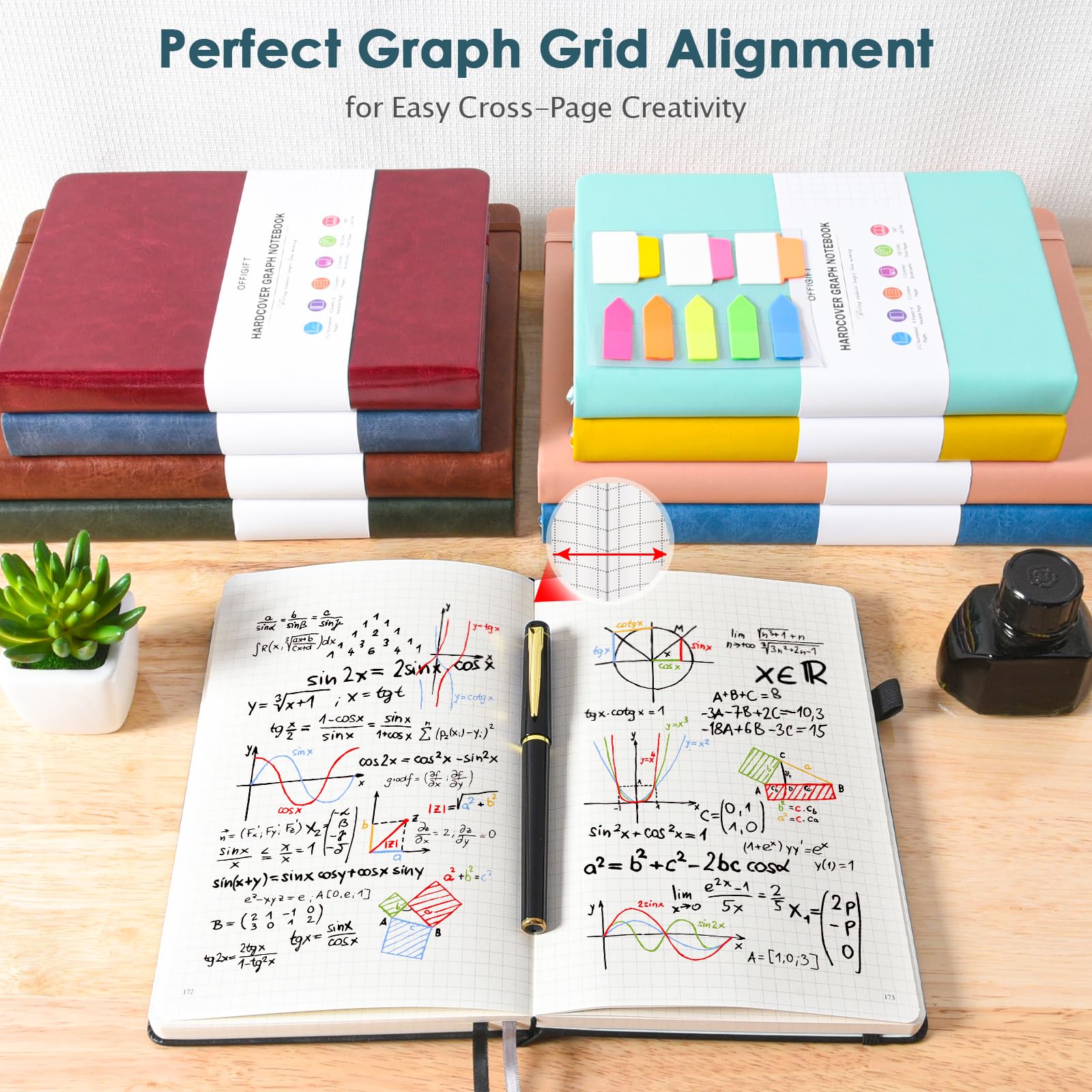 OFFIGIFT Notatnik z papieru graficznego, 312 numerowanych stron, A5, pamiętnik skórzany w twardej okładce, 100 g/m², bez przebarwień, notatnik z indeksami, notatnik w kratkę do wykresowania notatek, matematyka, 14,6 cm x 21,3 cm, szaro-niebieski