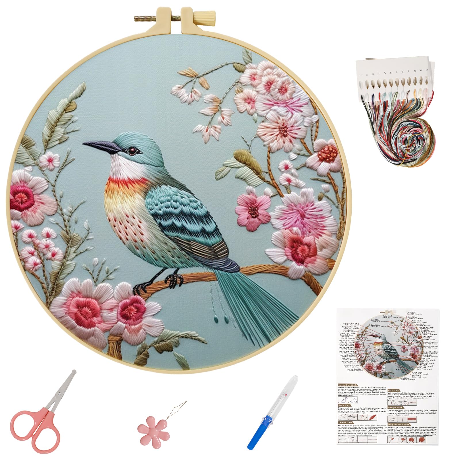 Bliceon Embroidery Kit for Adults, Flowers Bird Cross Stitch Kit, Flowers Bird Embroidery Kits with Instruction, Threads and Needles, Hoops, Tapestry Kits (Green)